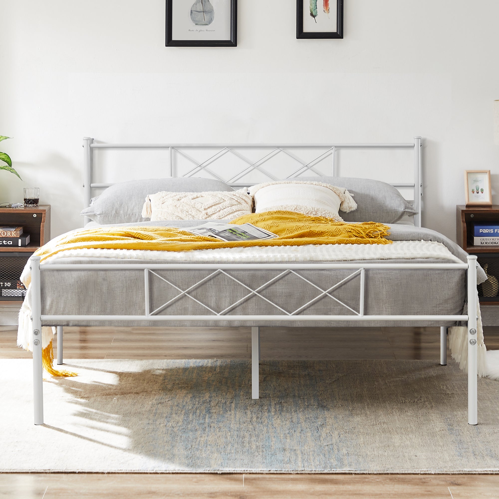 Vecelo LOE-YT-F08-WHITE Full Size Metal Bed Frame with Headboard Modern Platform Bed Frame No Box Spring Needed Easy Assembly White