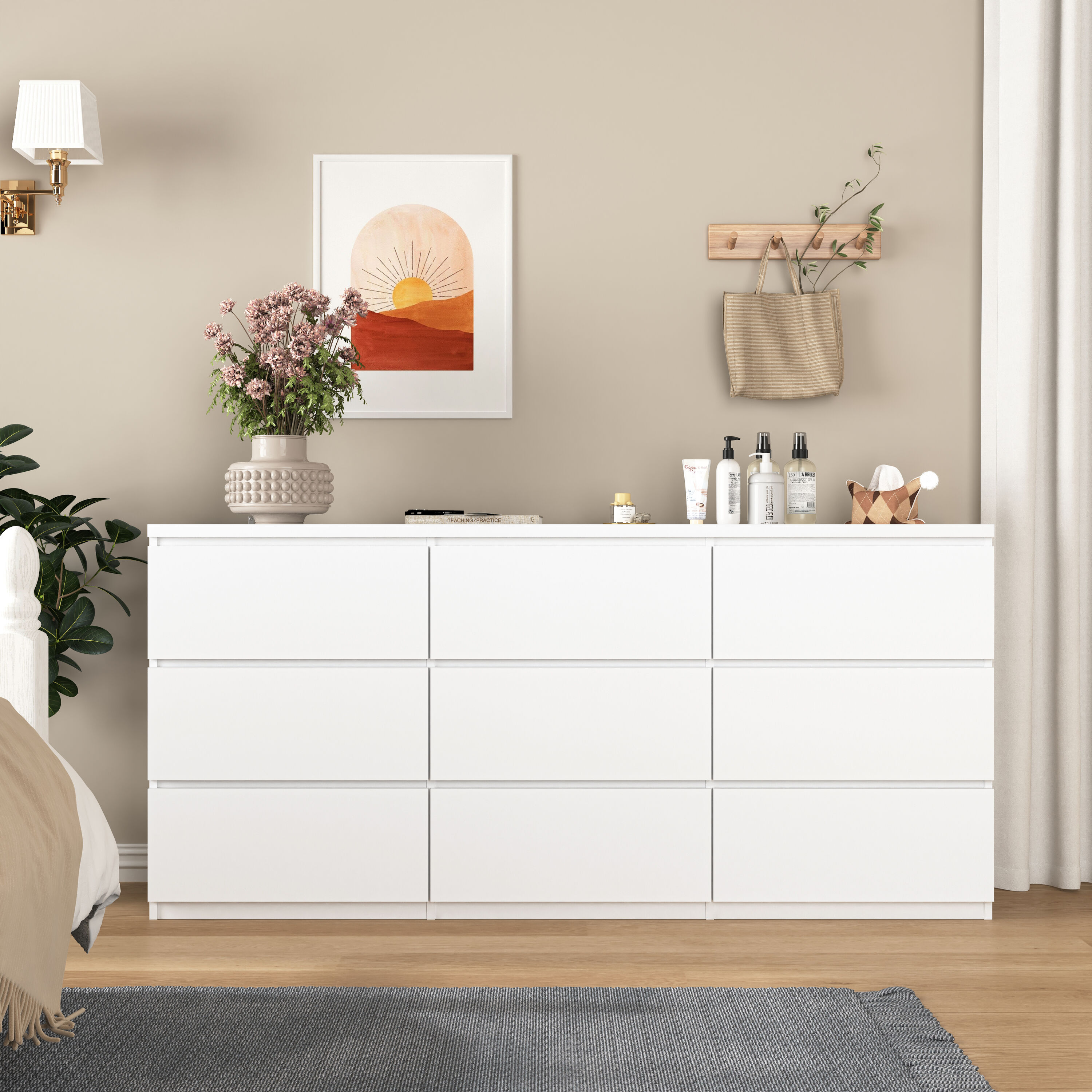 LOVMOR White 9 Drawer Cabinet for Bedroom Wide Modern Chest of Drawers No Handles Design Wood Storage Dresser for Living Room Hallway Entryway