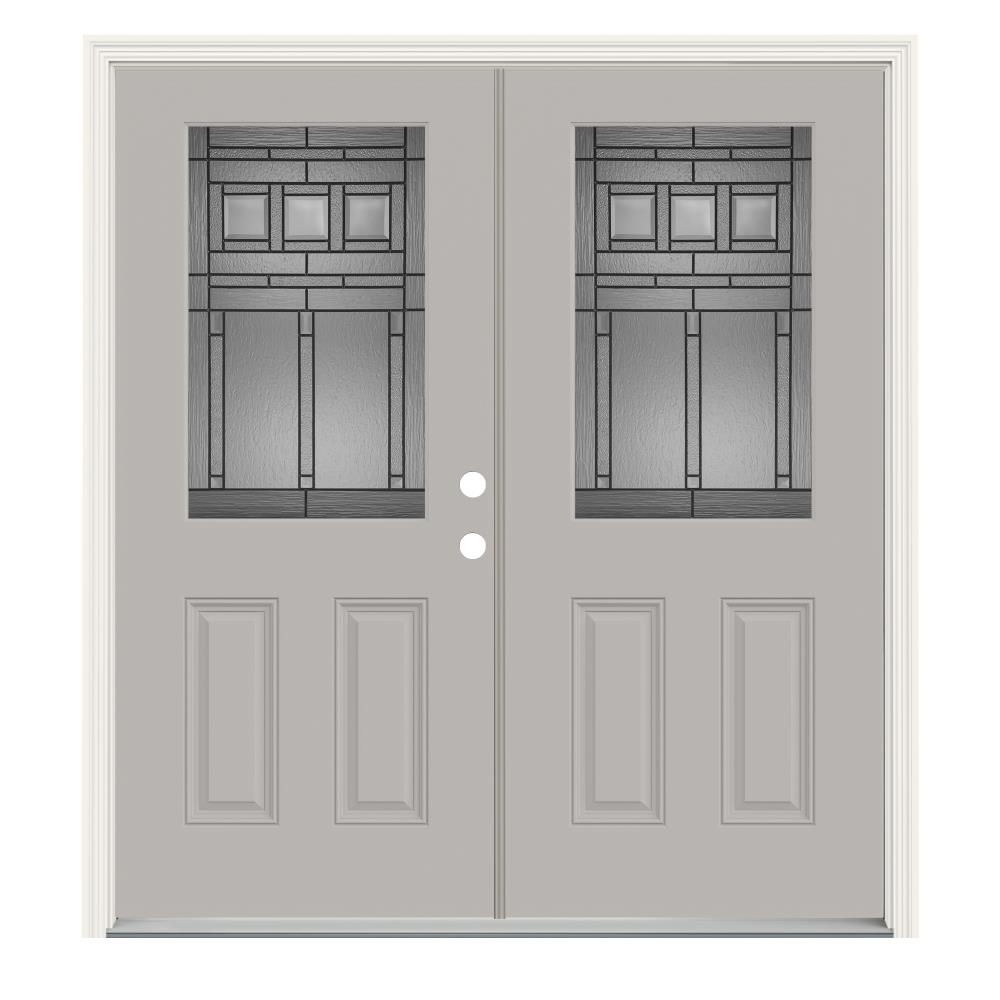 JELD-WEN LOWOLJW231100066 Craftsman 64-in x 80-in x 4-9/16-in Fiberglass Half lite Left-hand inswing Ash Painted Prehung Double Front Door with Brickmould Insulating core
