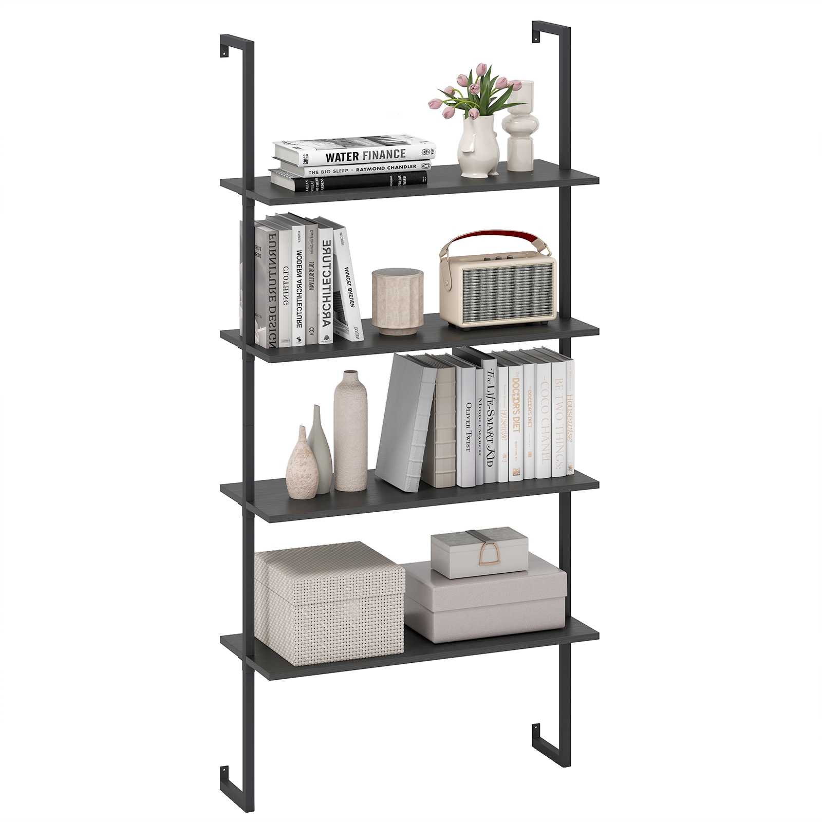 Volenca 4-Tier Ladder Bookshelf 64-in Tall Wall Mounted Open Bookcase with Black Metal Frame