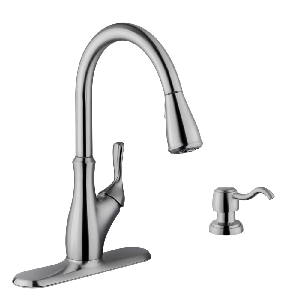 Superior Sinks SPF7636 Stainless Steel Single Handle Pull-down Kitchen Faucet with Deck Plate and Soap Dispenser Included