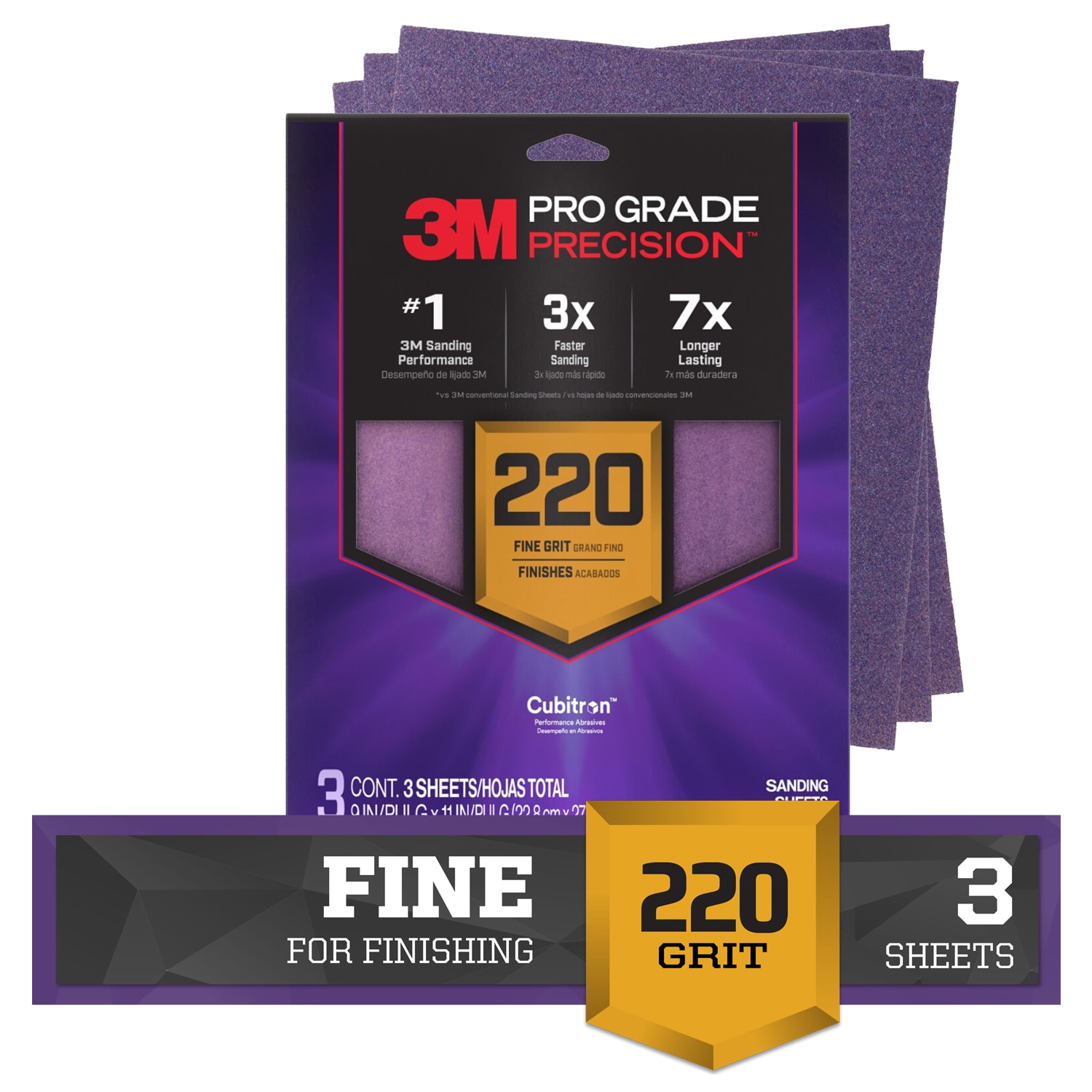 3M SHR220-PGP-3T PRO Grade Precision Fine 220 -Grit Sheet Sandpaper 11-in W x 9-in L 3 -Pack