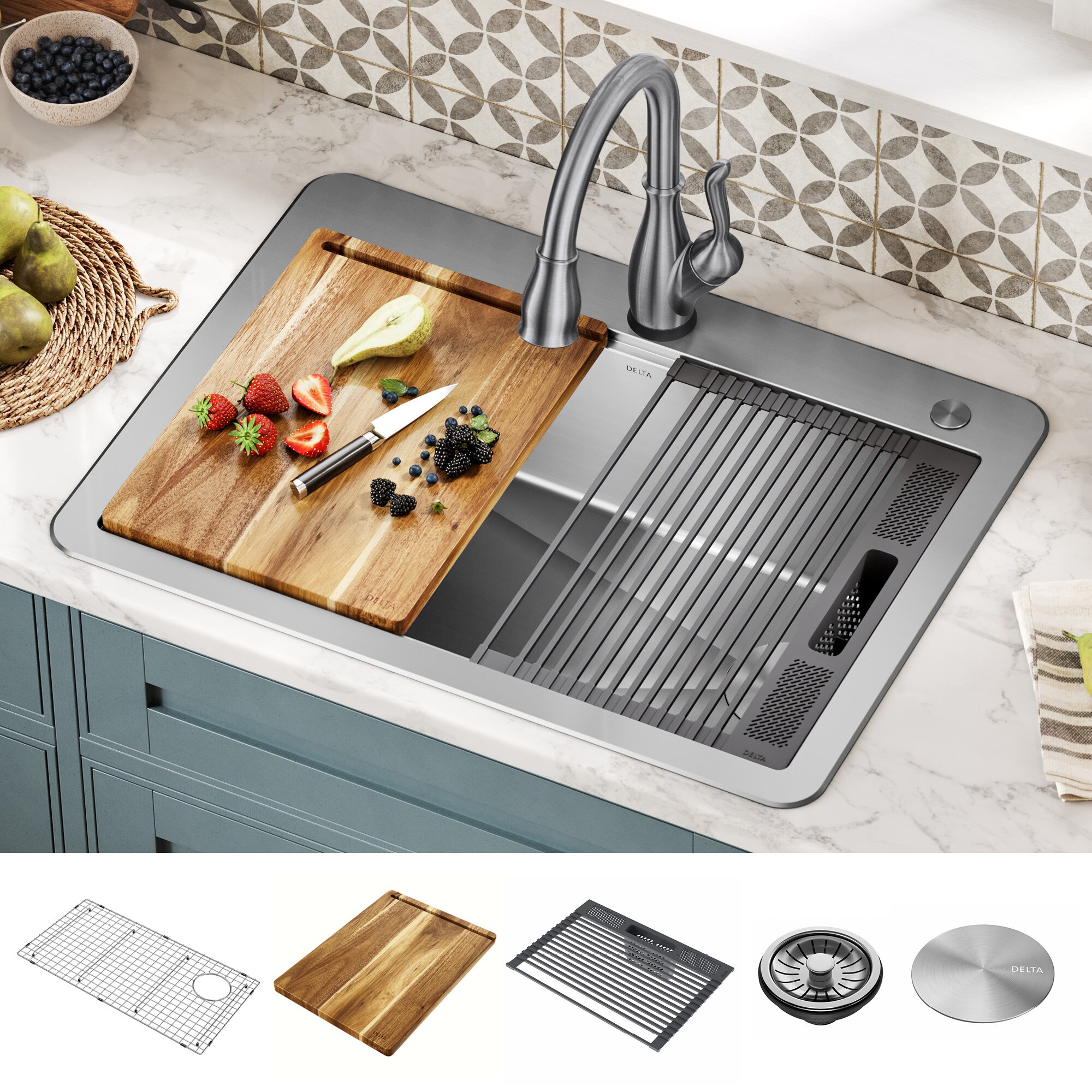Delta 95A932-30S-SS Lorelai Drop-in 30-in x 22-in Stainless steel Single bowl 2-Hole 16 -Gauge Workstation Kitchen Sink