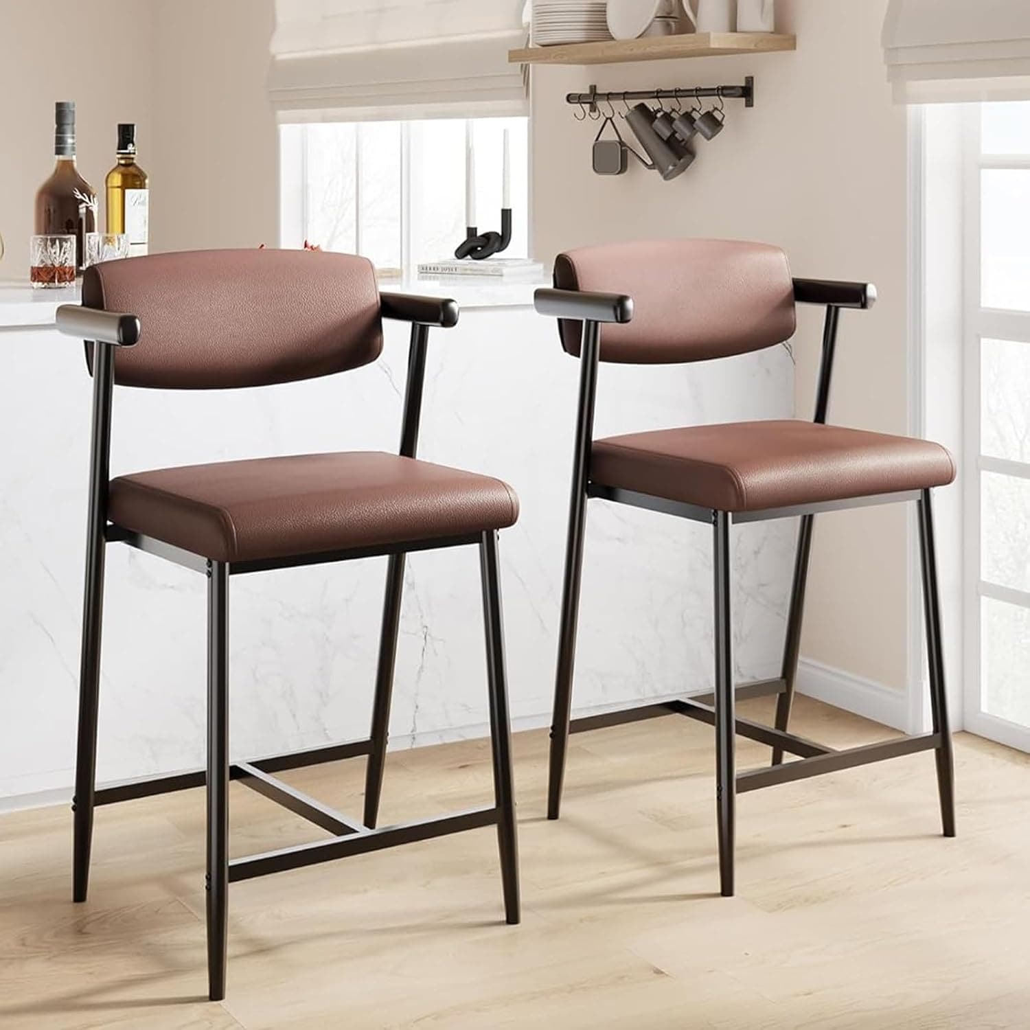 Qeetex LHF-YZ-PHO-1695MMW4 Bar Stools Set of 2 - 26.5inch Upholstered Counter Height Bar Stools for 2 with Armrest - Wider Thickened Cushion - Bar Chairs with Backrest for Bar/Dining Room/Kitchen - Retro Brown