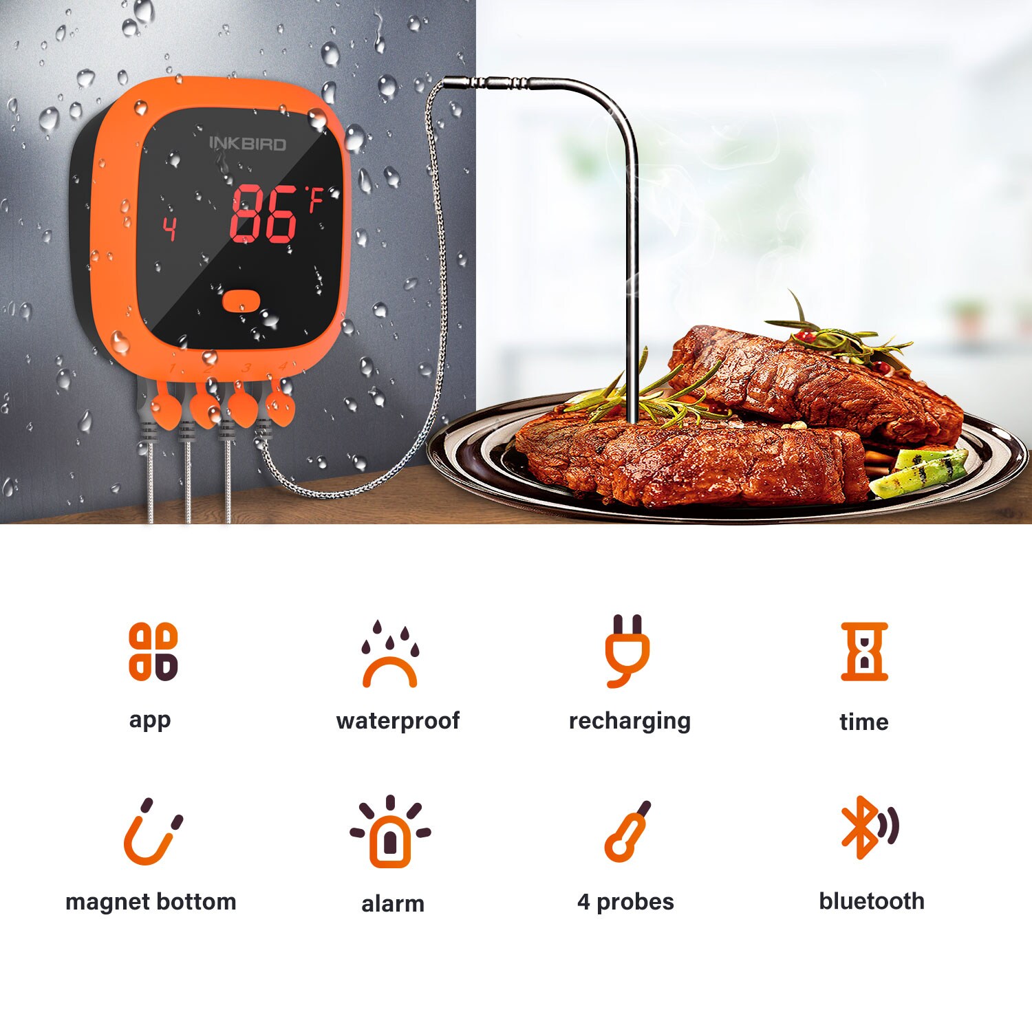 INKBIRD IBBQ-4T Square Dial Wireless BBQ Meat Thermometer, Wifi Control, Alarms, Temperature Records