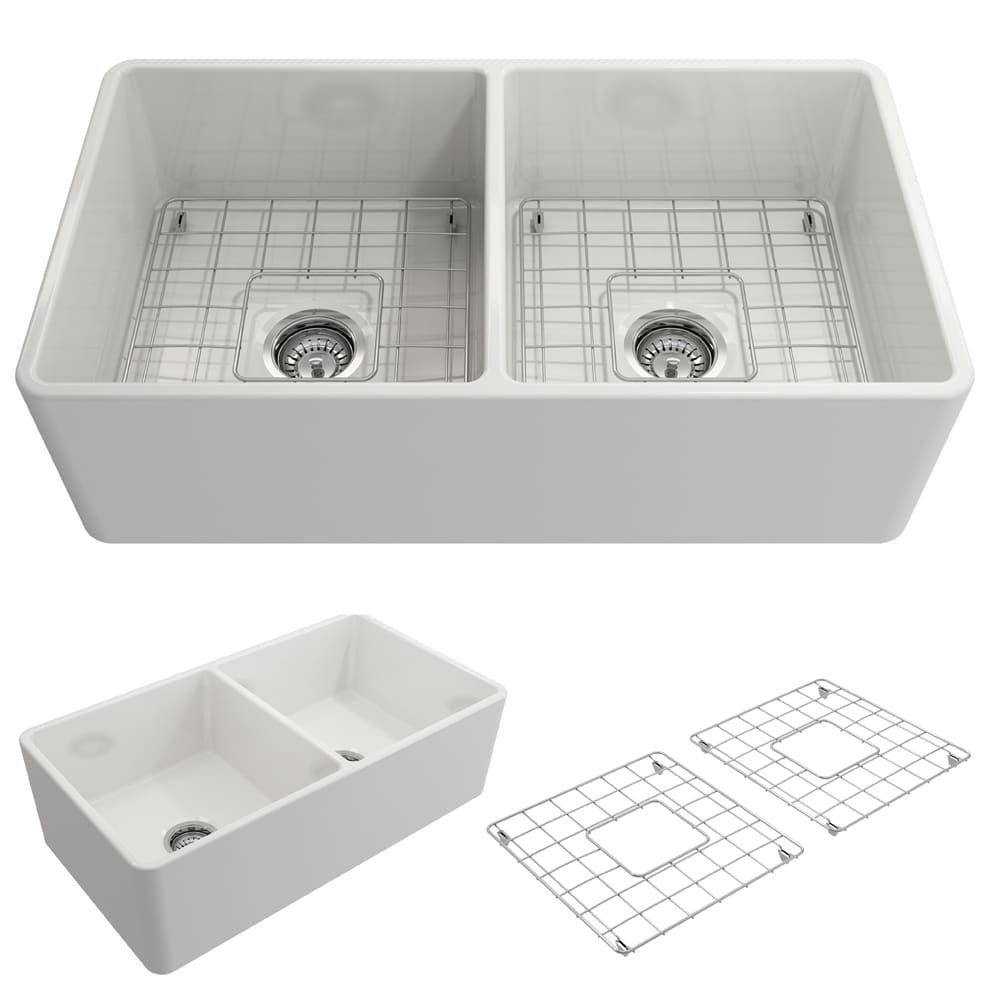 BOCCHI 1139-001-0120 Classico Farmhouse apron front 33-Inches x 18-Inches Fireclay Double equal bowl Kitchen Sink