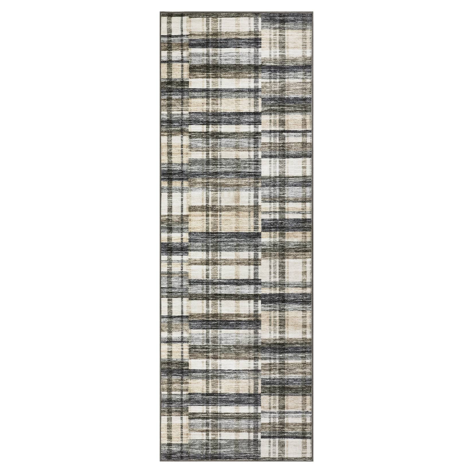 WhizMax SUNNY-PHK-33T8AUXC 2 x 6 ft Polyester Blue Beige Rectangular Hallway Entryway Bathroom Kitchen Geometric Checkered Modern Machine Washable Runner Rug