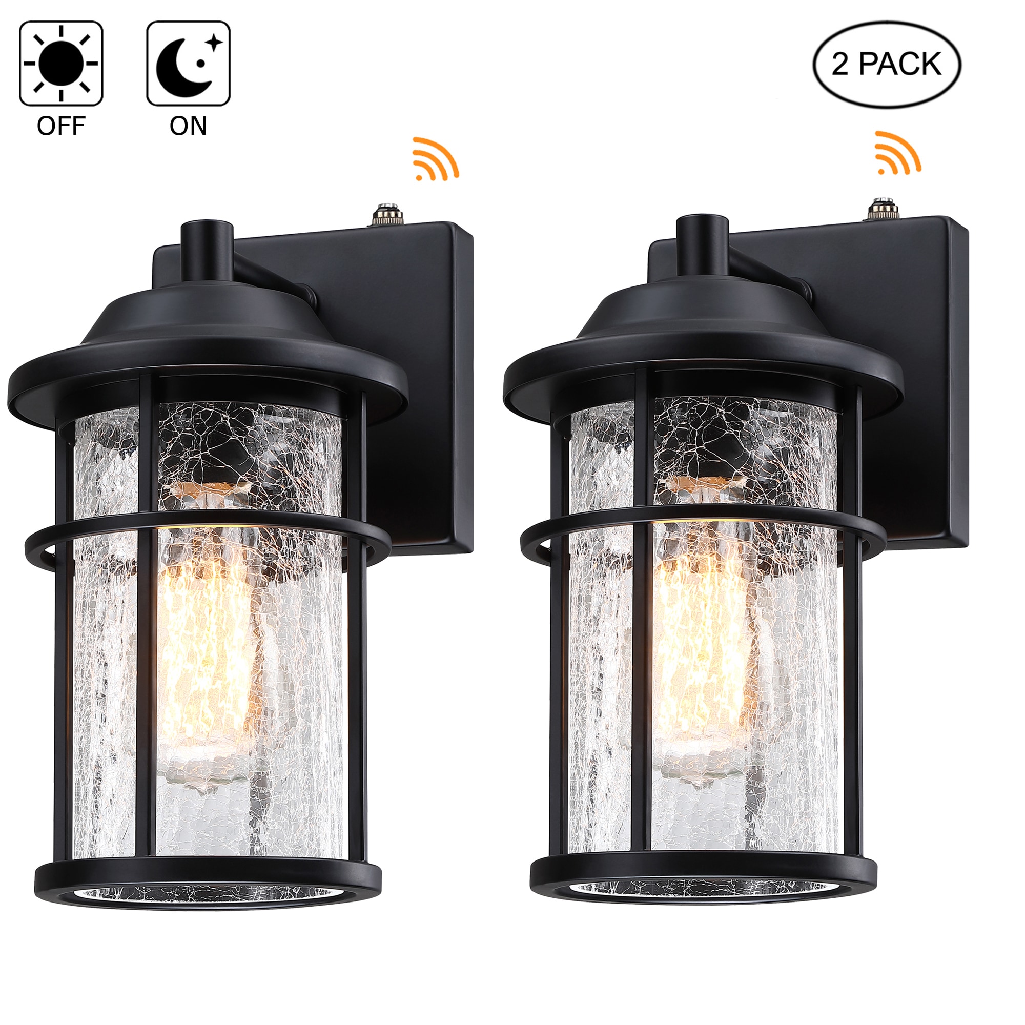 Hukoro Crackled Glass 2 Pack 1 Light 12 In H Matte Black Dusk To Dawn Outdoor Wall Light