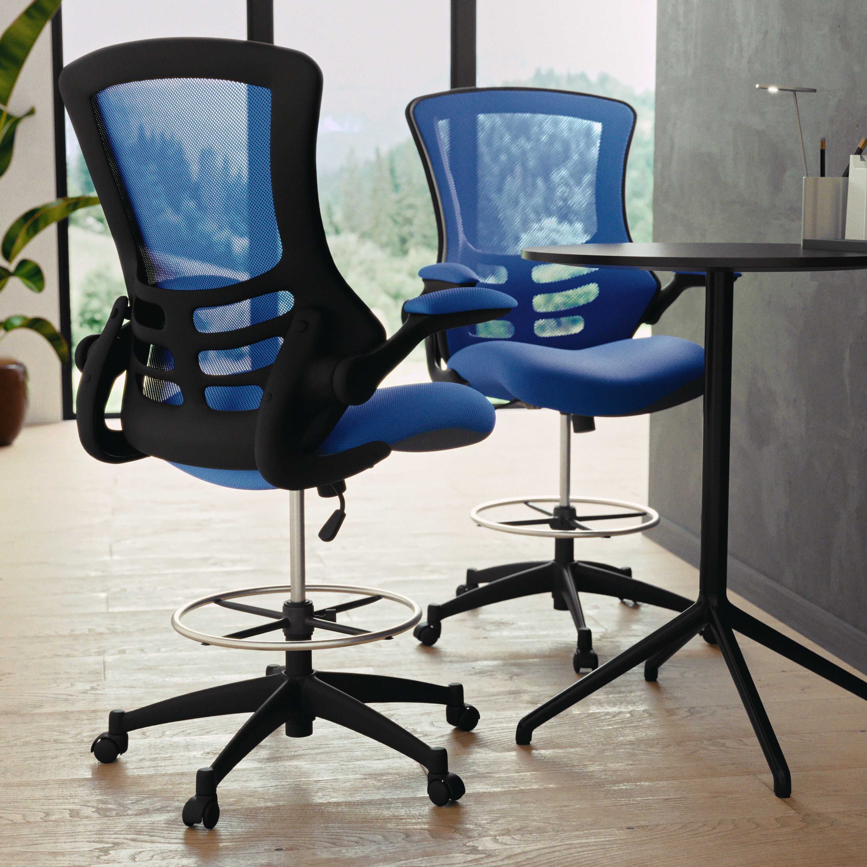 ErgoFlex Blue Mesh and Leather Drafting Chair with Adjustable Arms