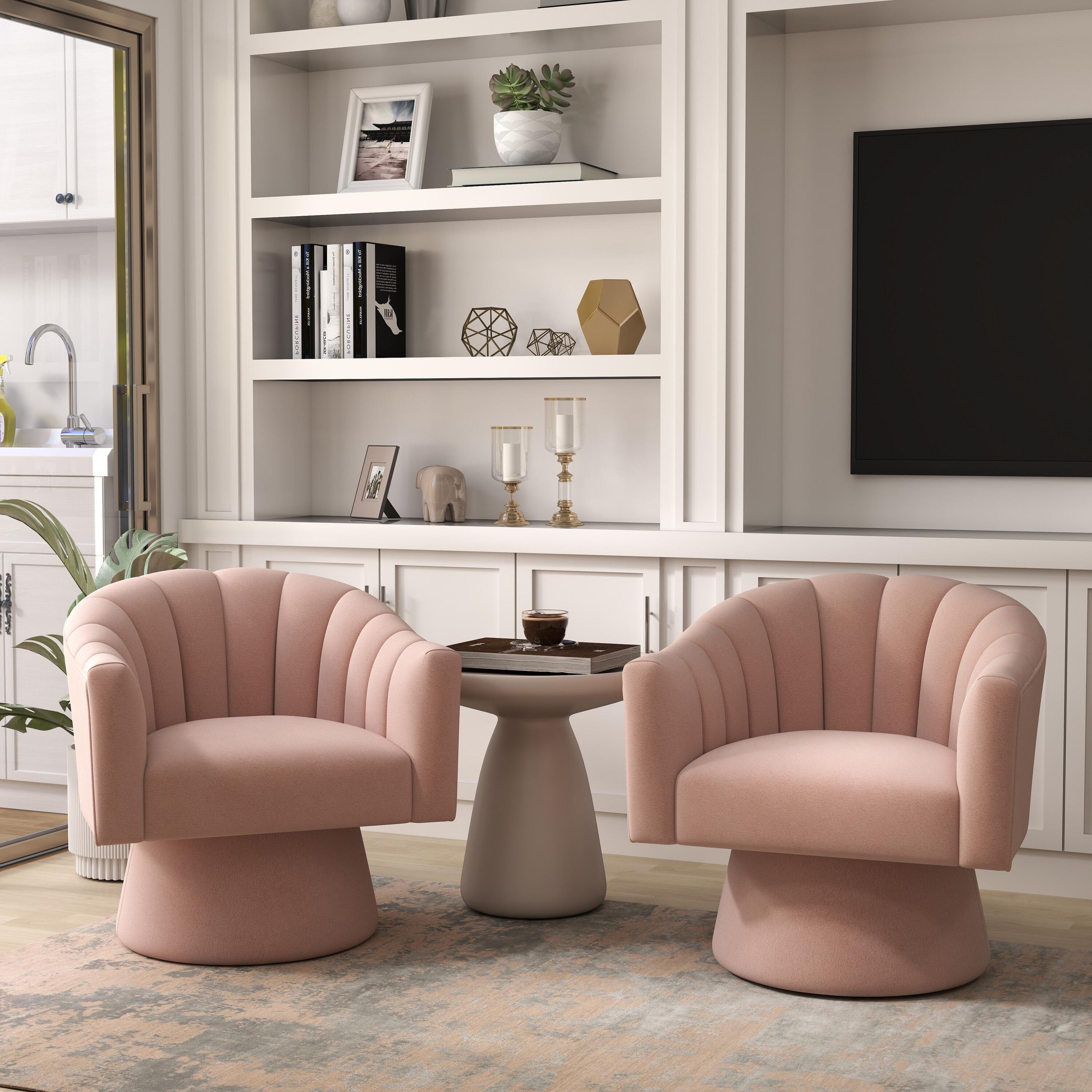 SEYNAR XY697-PINK-S2 Modern Glam Velvet Upholstered Round Swivel Accent Arm Barrel Chair for Living Room Set of 2