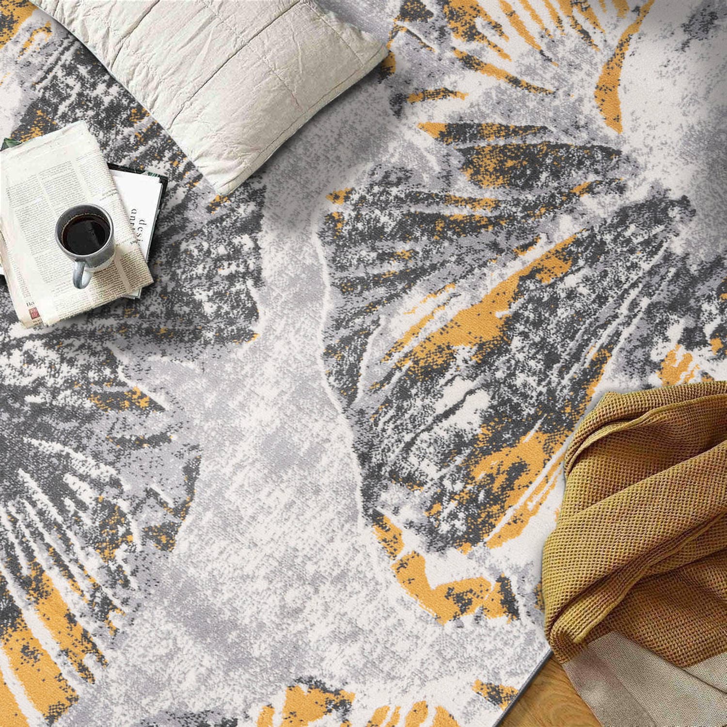 Yellow and Gray Floral Stain-Resistant Synthetic 8' x 10' Area Rug