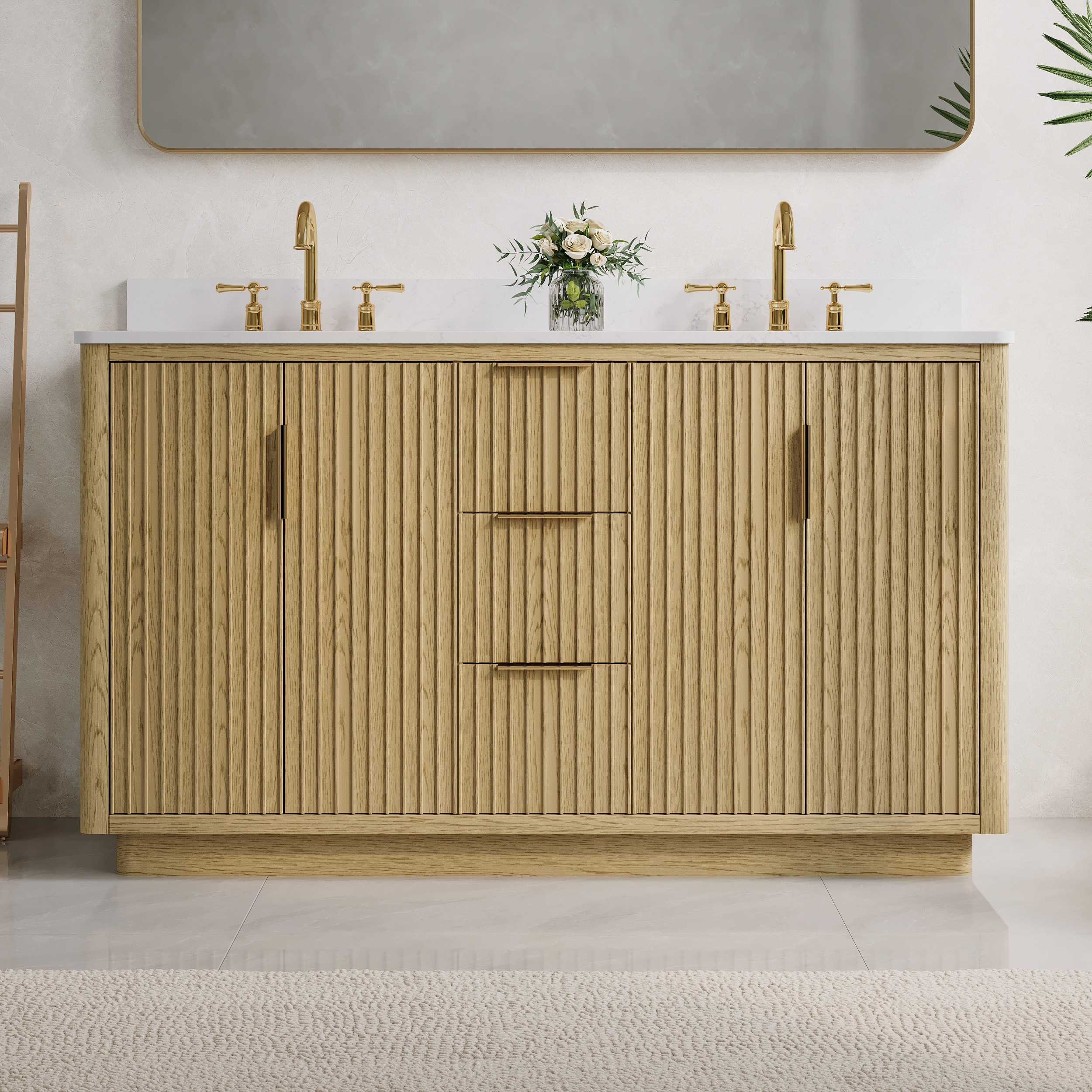 WELLFOR VEX-60TGY HAVEN Solid Wood Bathroom Vanity 60-in OAK Undermount Double sink Bathroom Vanity with Carrera white Quartz Top