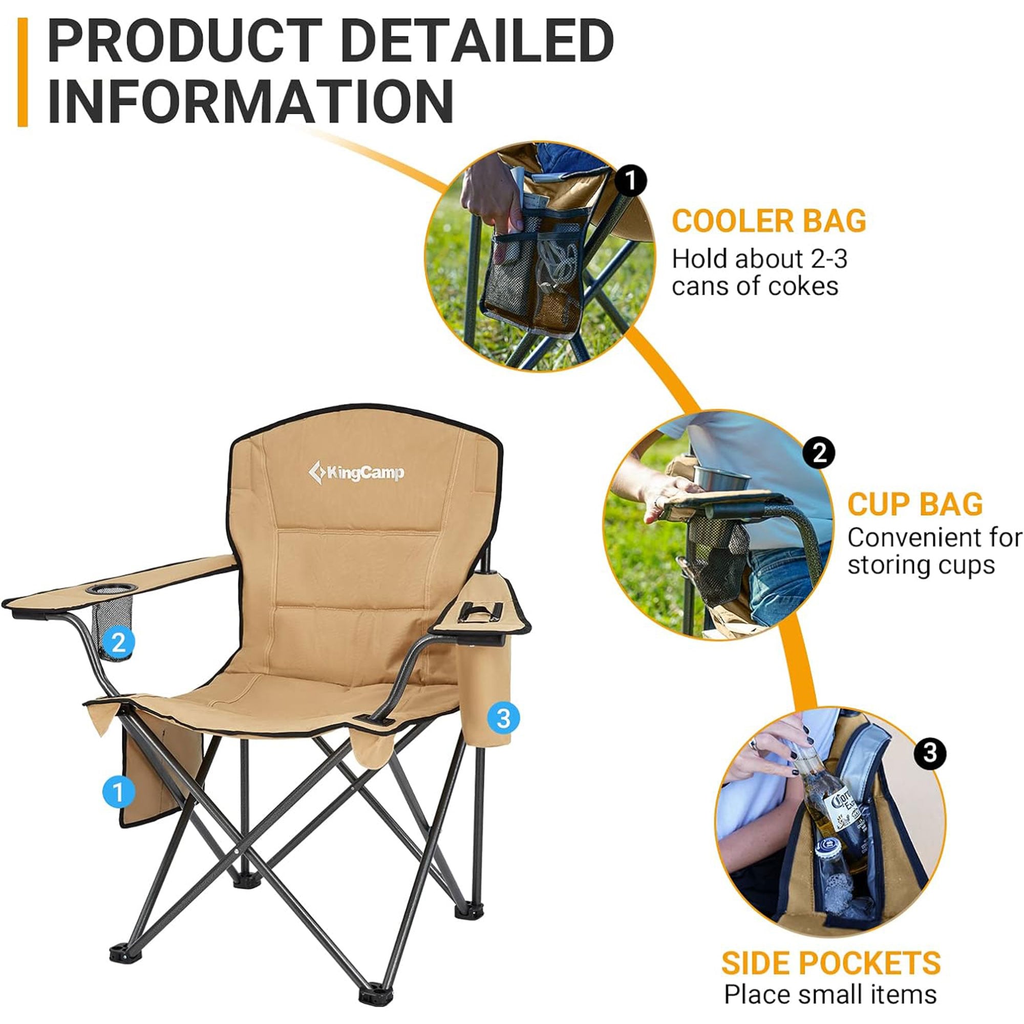 Khaki Padded Folding Camping Chair with Cupholder and Cooler