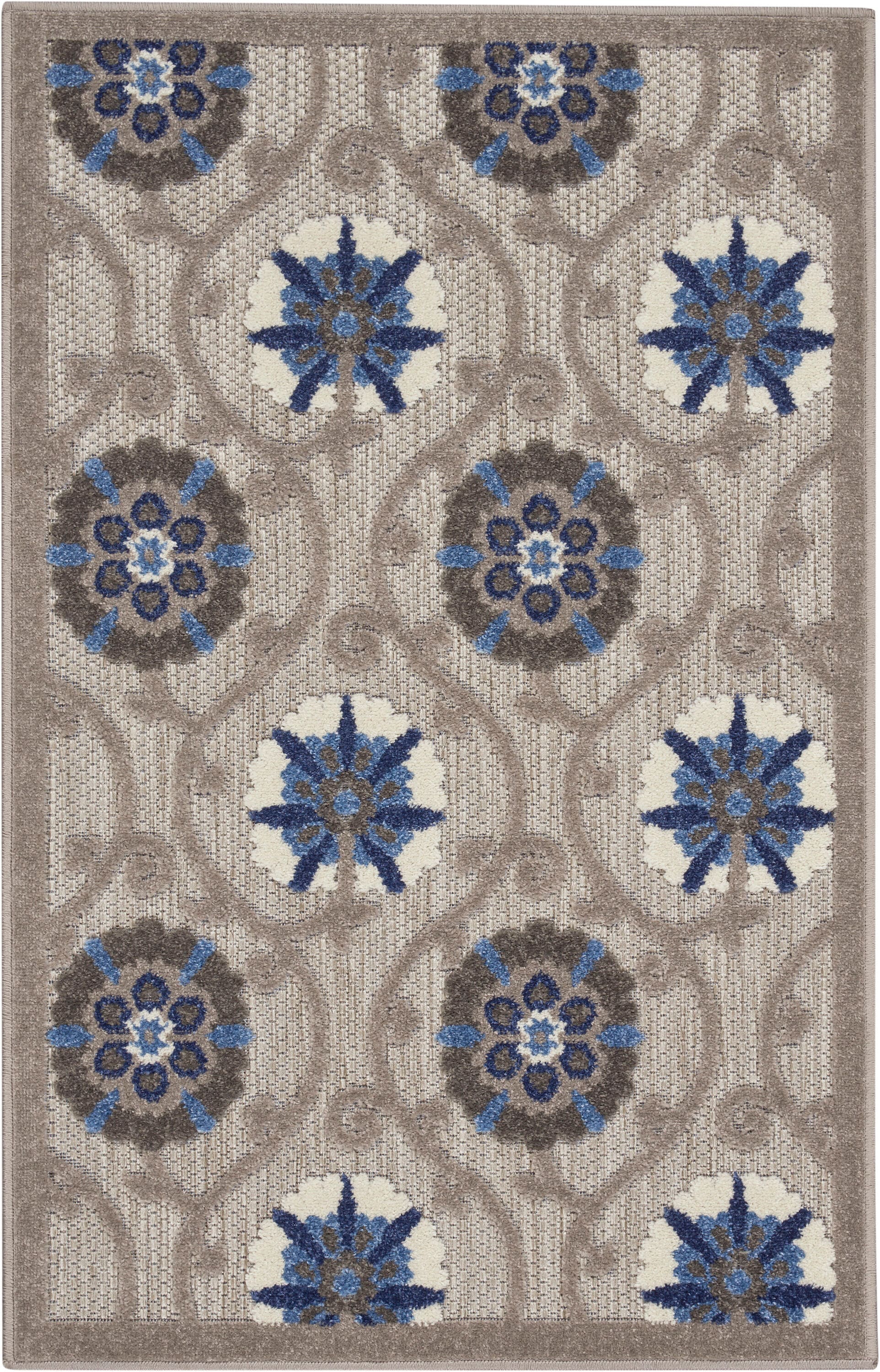 Aloha Floral Bloom Grey/Blue Synthetic 2'8" x 4' Indoor/Outdoor Rug