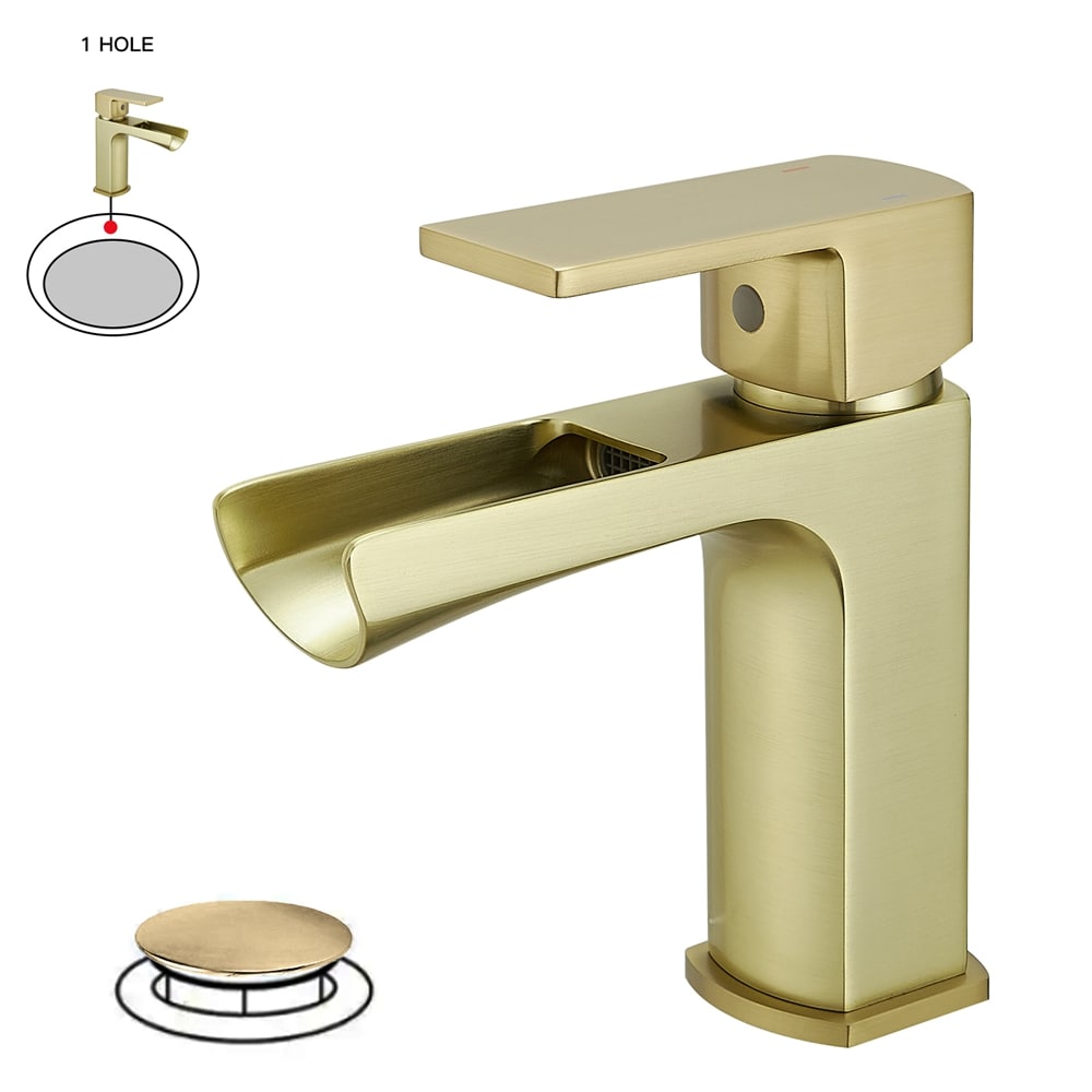 BWE A-96063-BG Brushed Gold Single hole 1-handle WaterSense Waterfall Commercial/Residential Handle Bathroom Sink Faucet with Drain with Deck Plate