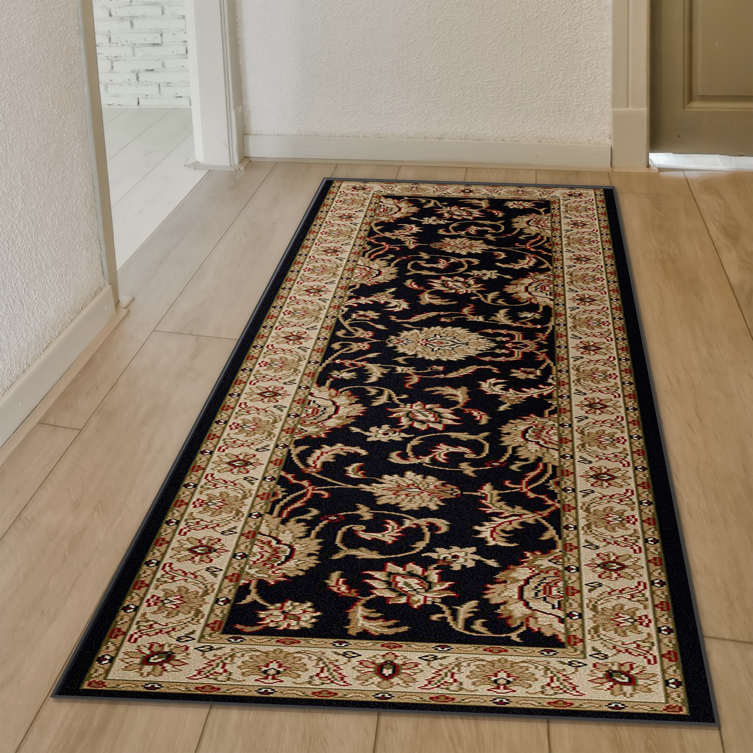 Radici USA 1621/1714/BLACK Como 2 x 8 (ft) Polypropylene Black Rectangular Indoor Floral/Botanical Oriental Runner rug