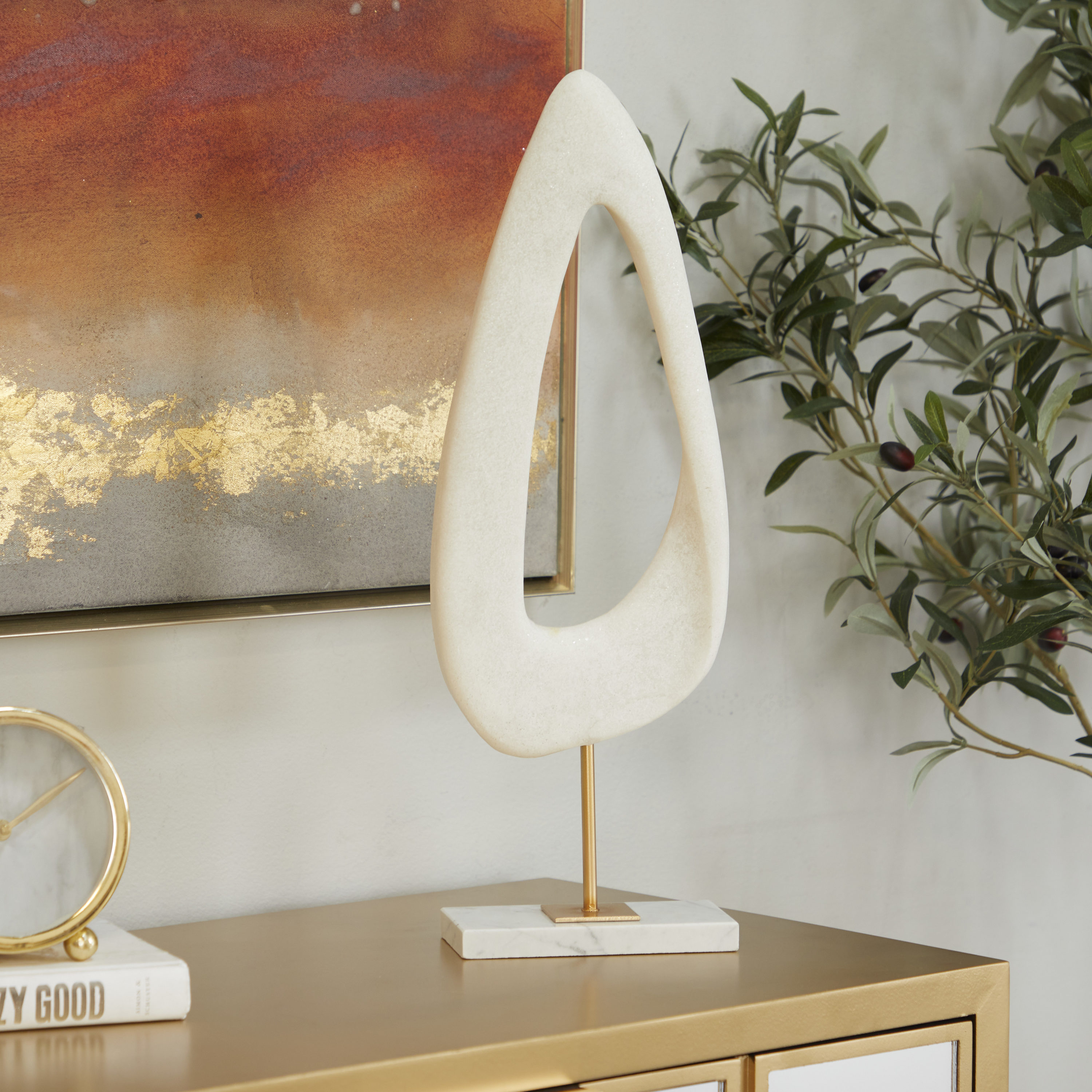 20" White Porcelain Abstract Sculpture with Marble Base