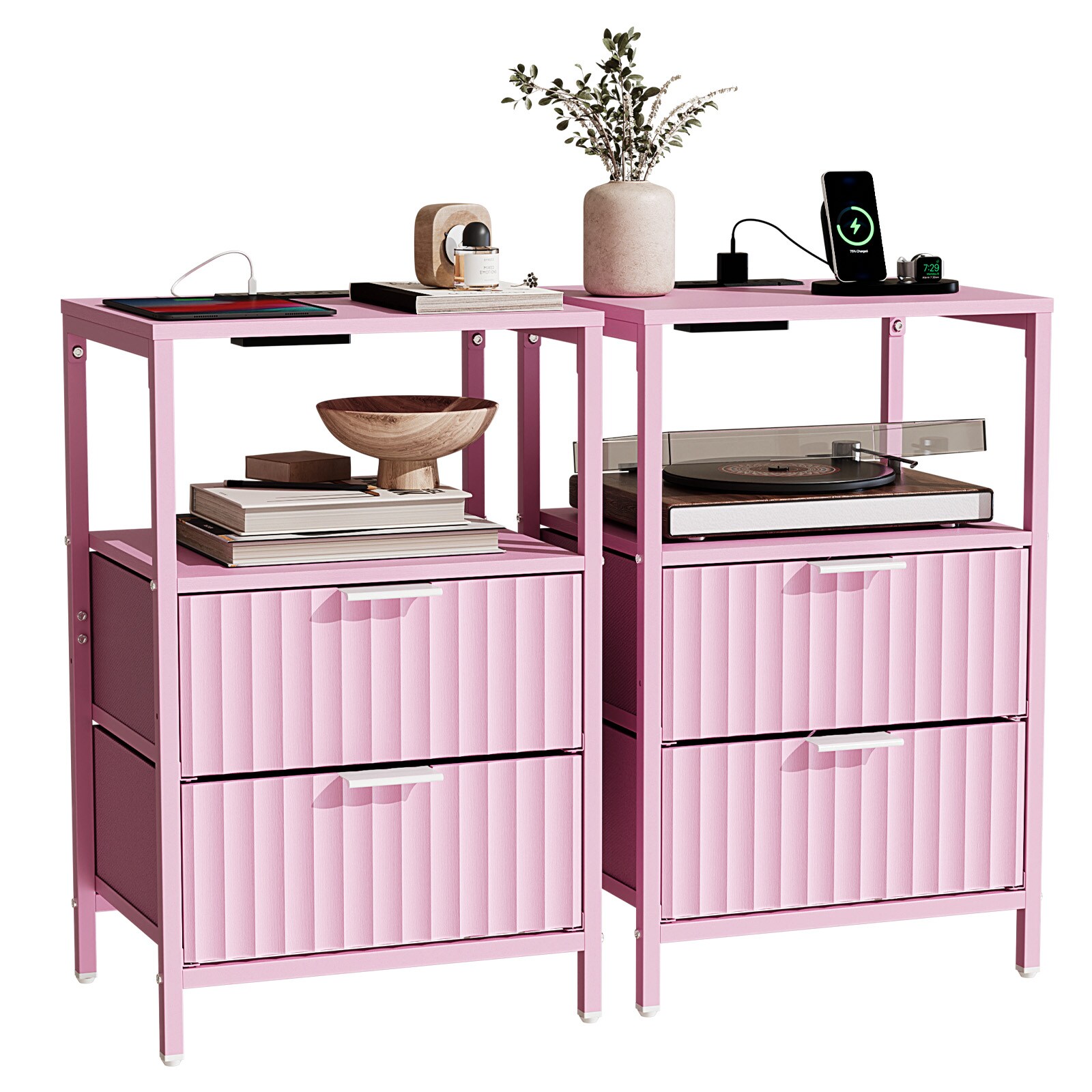 VINGLI 15W x 23.7H 2-PCs Fluted Nightstand with 2 Drawers 1 Shelf and Charging Station Pink for Bedroom/Livingroom/College Dorm