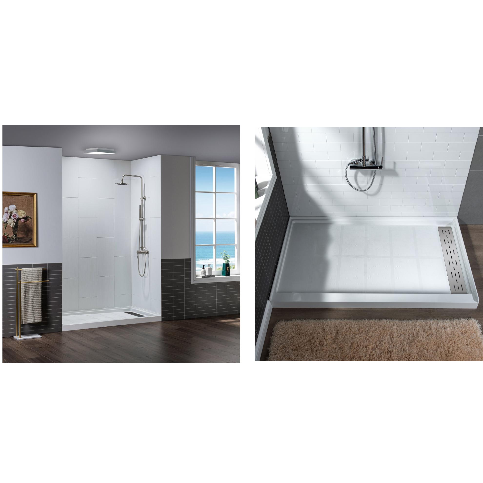 Woodbridge  60 L x 32 W x 75 H Shower Kit with Shower Walls in Matte White and Shower Base in White with Right Drain
