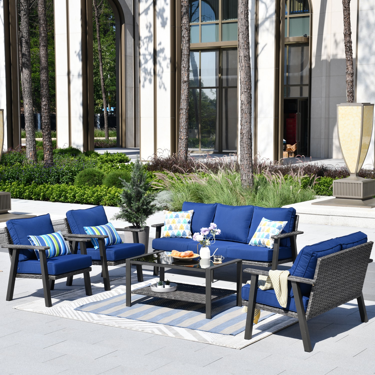 Pouuin SHW70TB05 Hw 5-Piece Wicker Patio Conversation Set with Blue Cushions