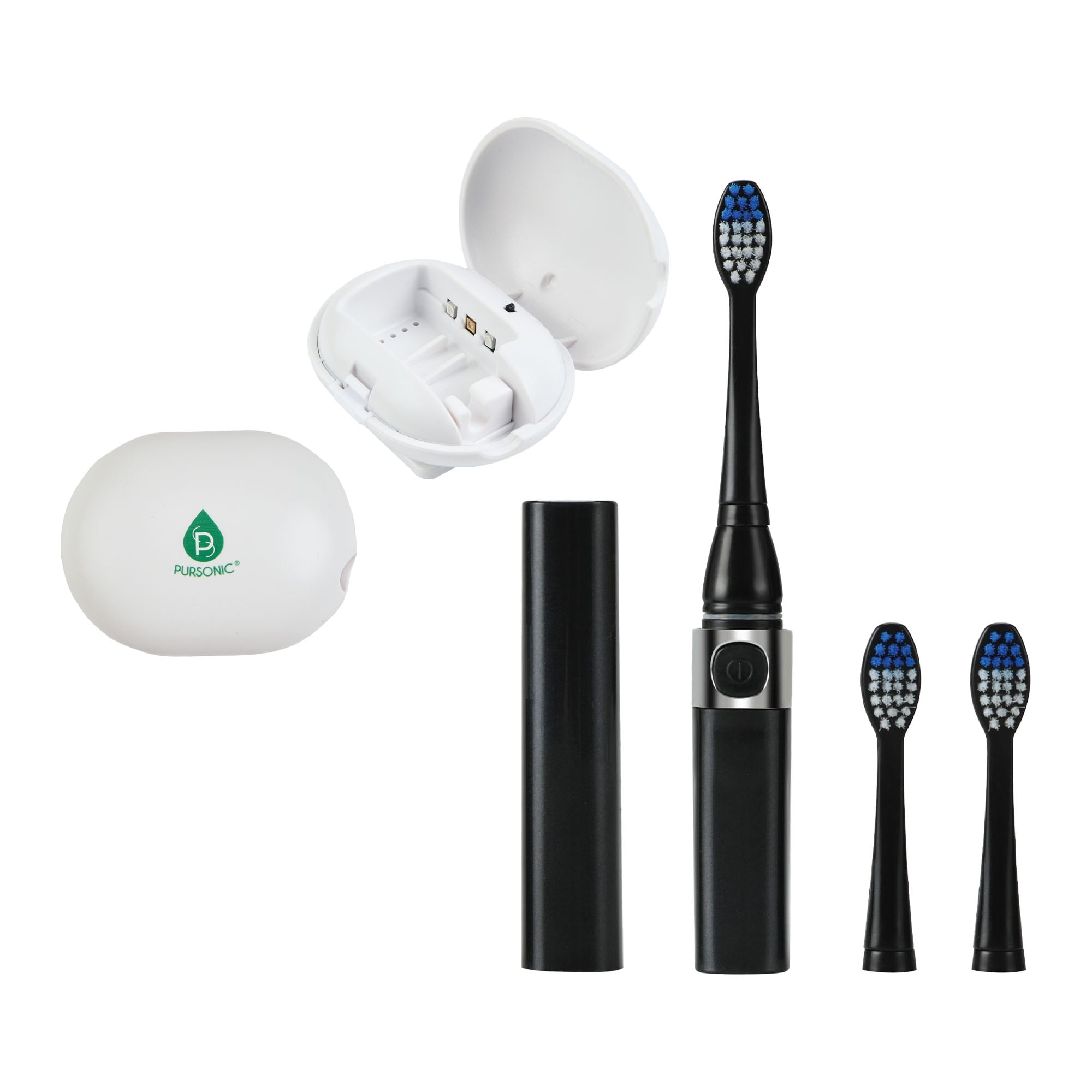 Pursonic  Portable Oral Care Bundle  Black Sonic Toothbrush with Bonus Heads  Toothbrush UV Sterilizer