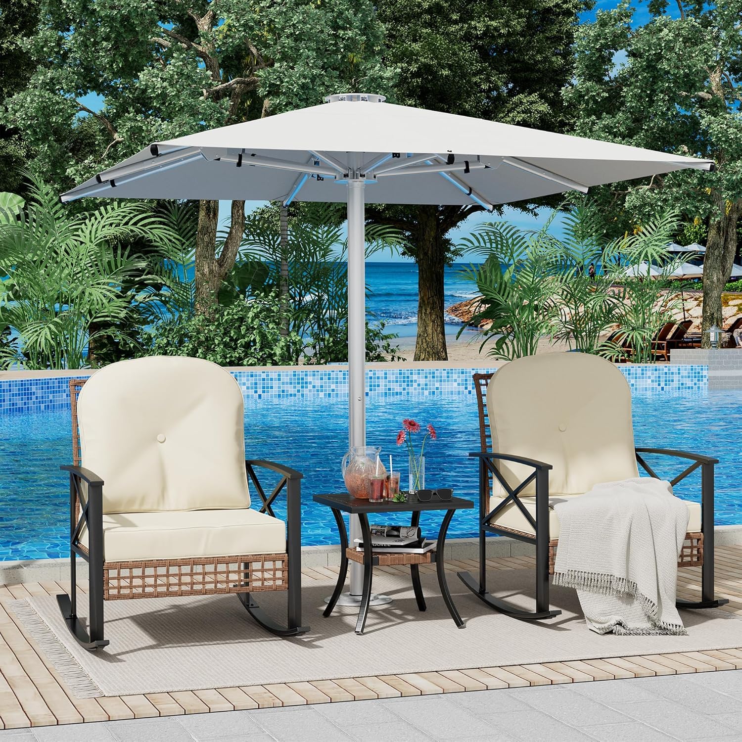 Qeetex LHF-HW-PPG-339CUBWX Outdoor Rocking Chairs Set of 2 3 Piece Patio Bistro Set with Coffee Table Outside Patio Lounge Chair with Thicked Cushions Bistro Table and Chairs Set of 2 for Porch Pool Lawn Garden Backyard