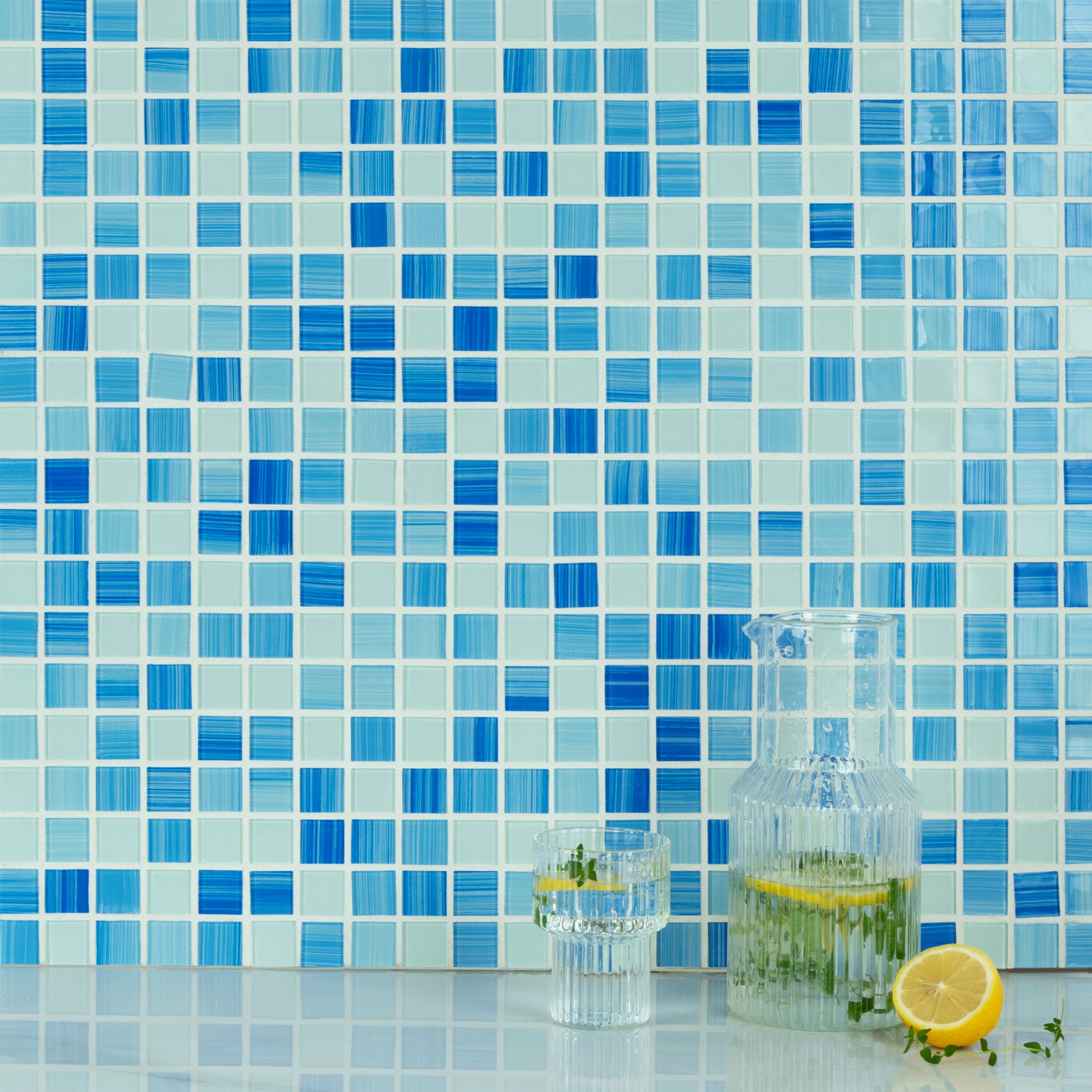 WS Tiles Swimming Pool Series Shades of Blue 12-in x 12-in Polished Glass Uniform Squares and Wall Tile (22-sq. ft/ Carton)