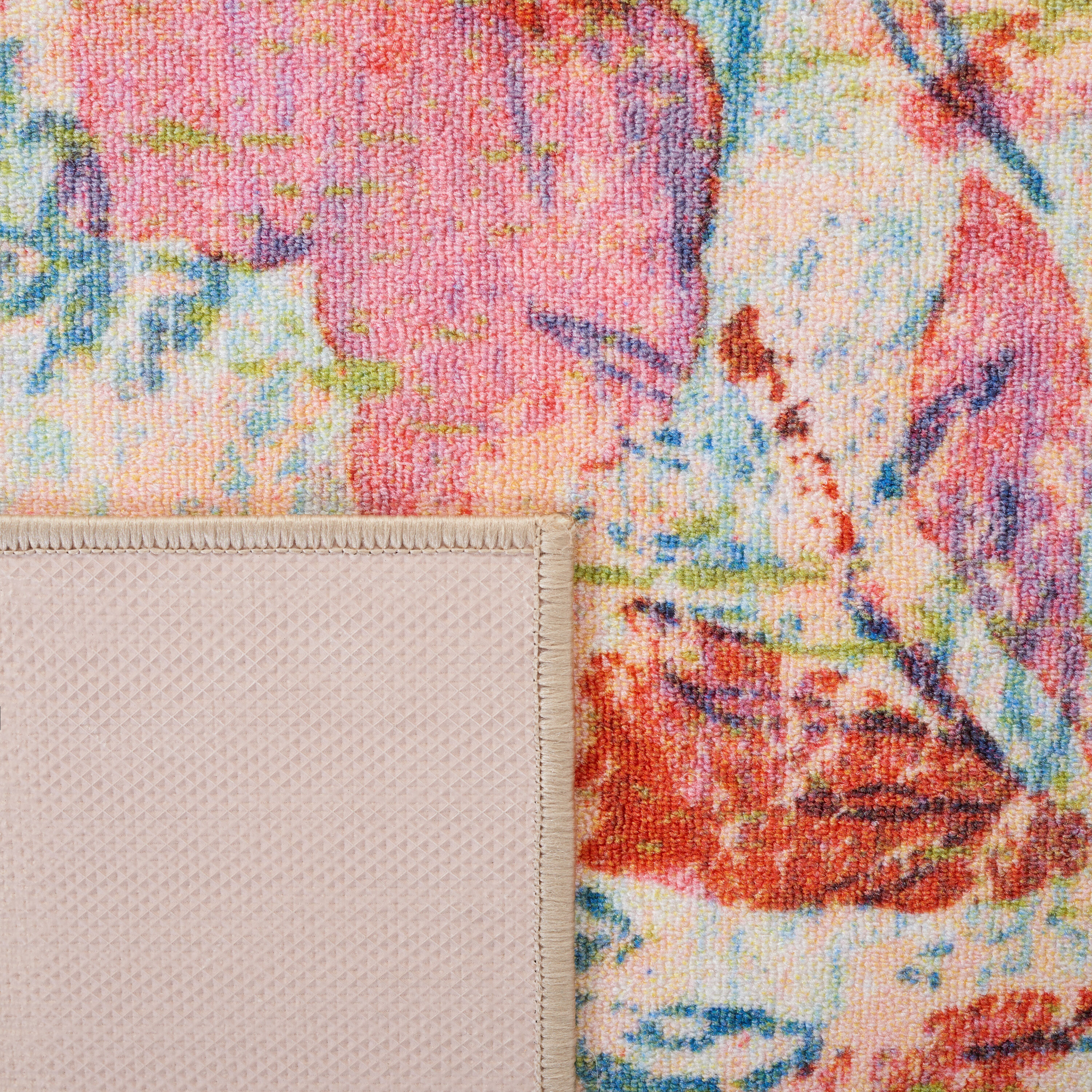 Blue and Pink Abstract Floral Machine Washable Area Rug
