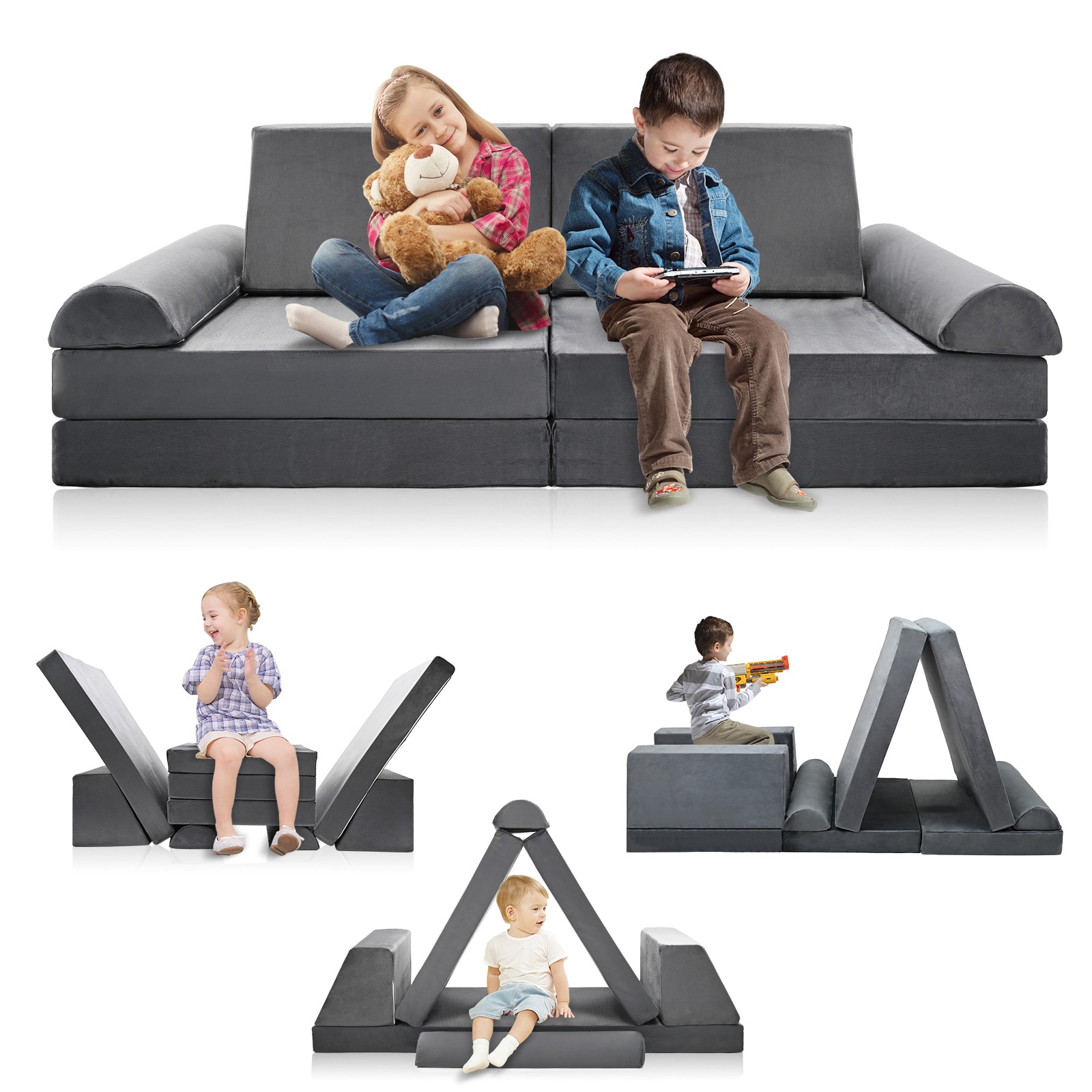 Esazn I1600160-GY-SLYU 39.4in Kids Play Couch 45-in Modern Gray 3 -seater Reclining Sofa