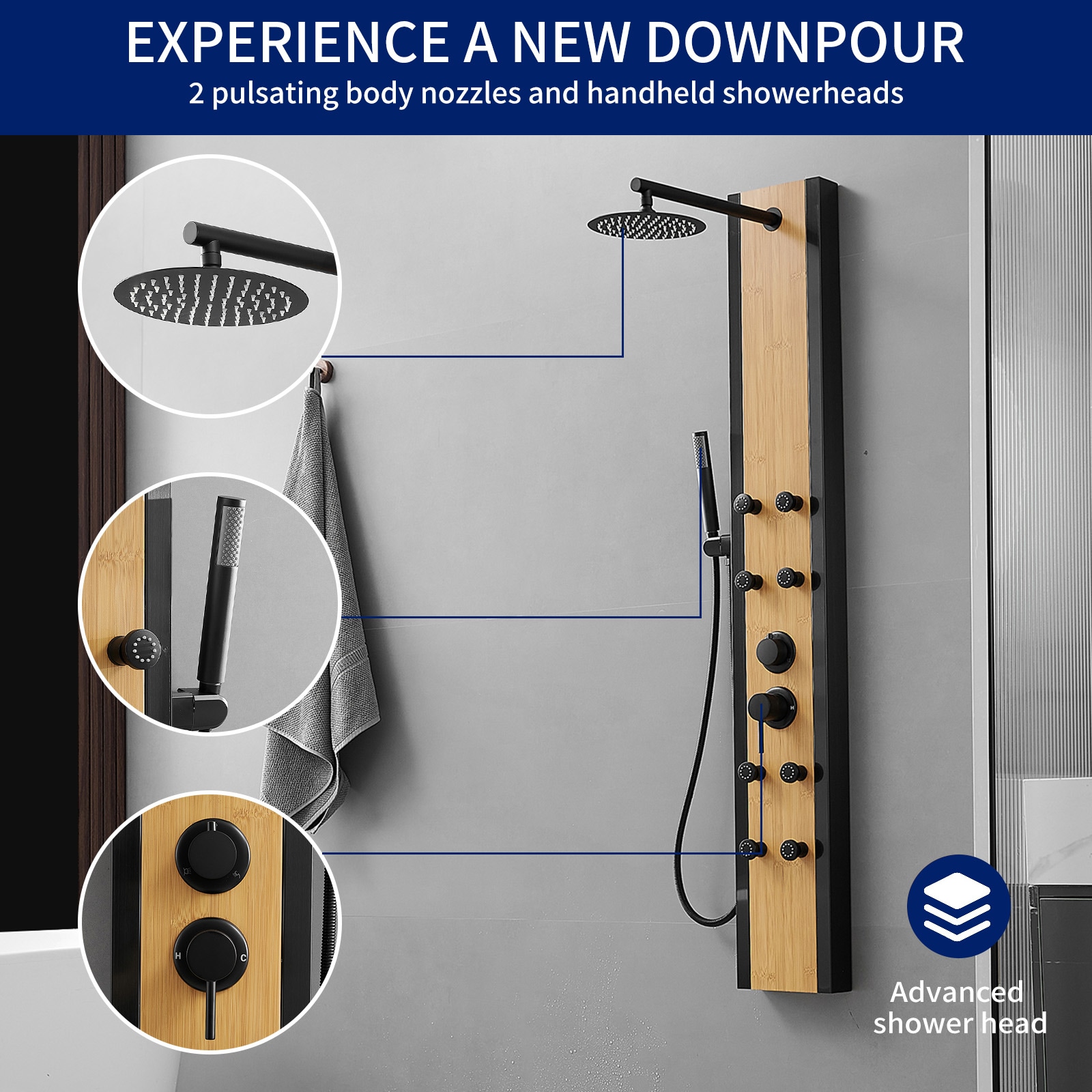 Matte Black and Bamboo 60'' Shower Panel System with Jets