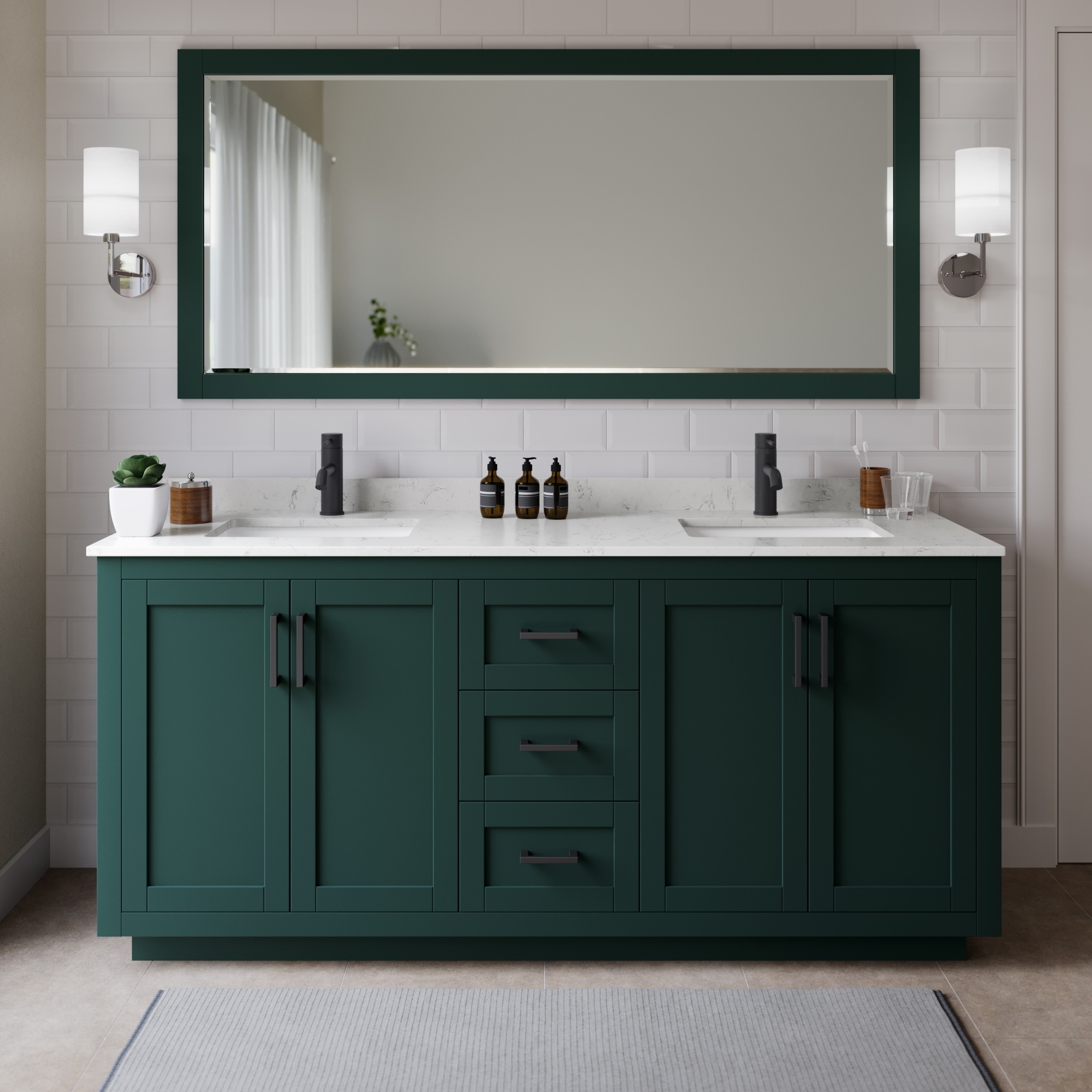 Wyndham Collection WCF292972DGKC2UNSM70 Miranda 72-in Green with Matte Black Trim Undermount Double sink Bathroom Vanity with Carrara Cultured Marble Cultured marble Top (Mirror Included)