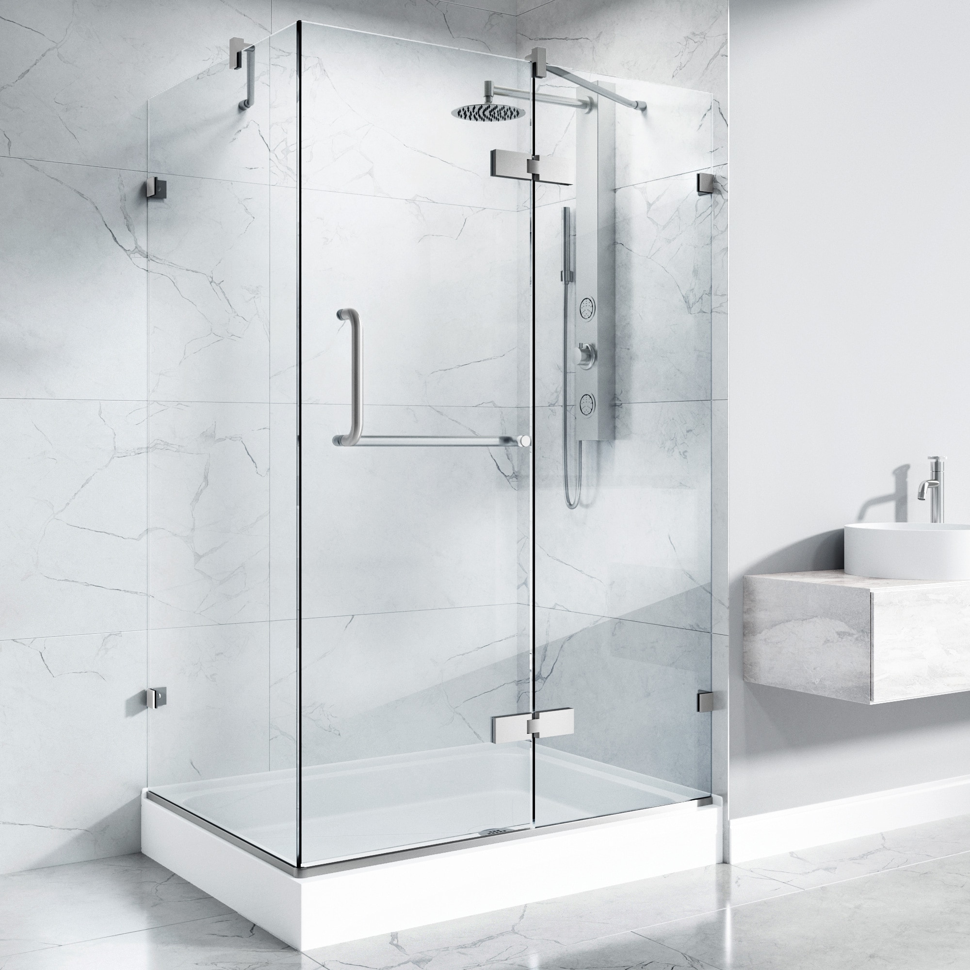 VIGO VG6011BNCL48WR Monteray 3 -Piece 48-in W x 32-in L x 79-in H Rectangular Corner shower kit ( Right Drain) Base and Door Included Brushed nickel Hardware Included