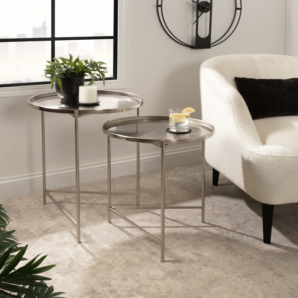 Ulani Satin Silver Nesting Metal Side Tables, Set of 2