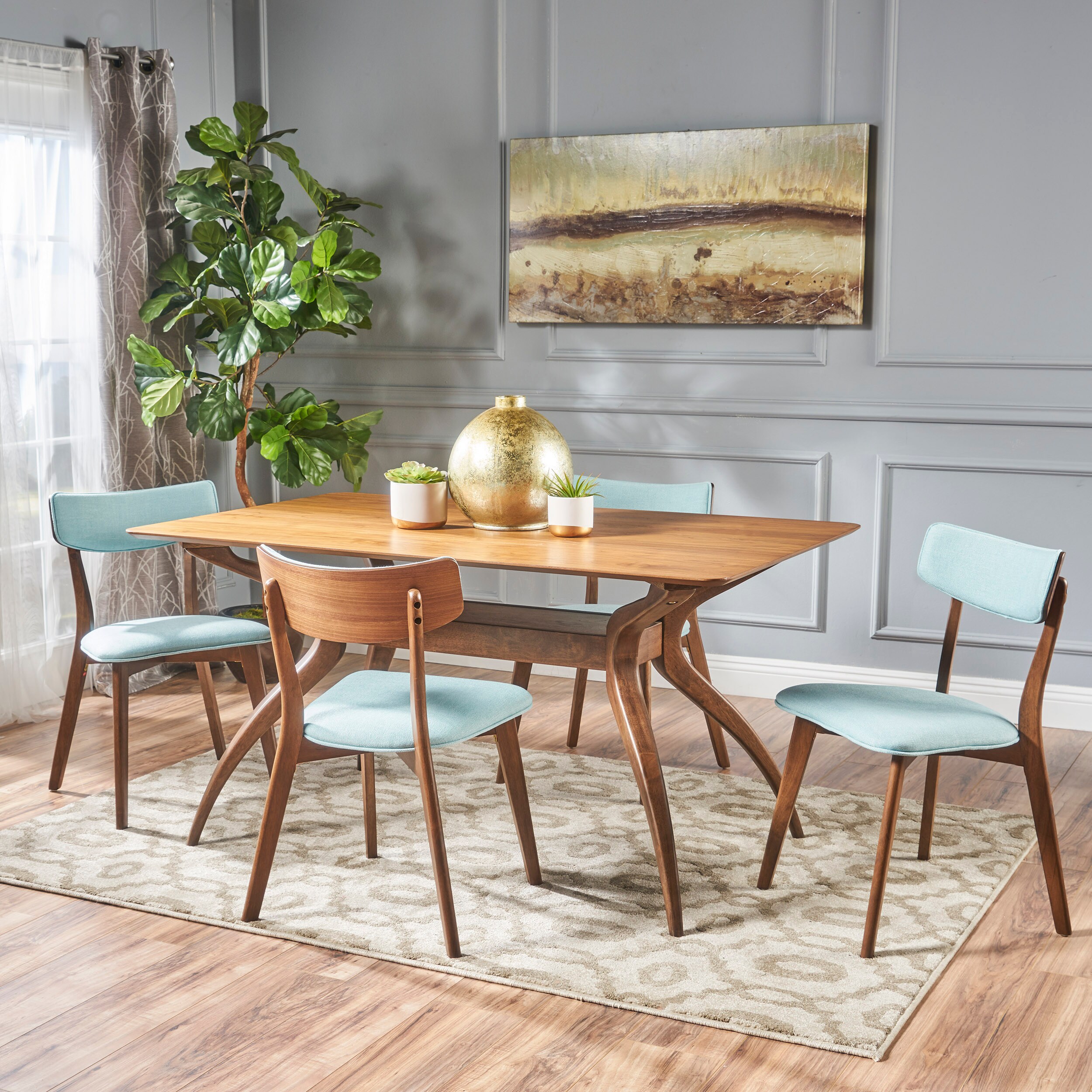 Christopher Knight Home 301325 Nissie Mid Century Natural Walnut Finished 5 Piece Wood Dining Set with Mint Fabric Chairs