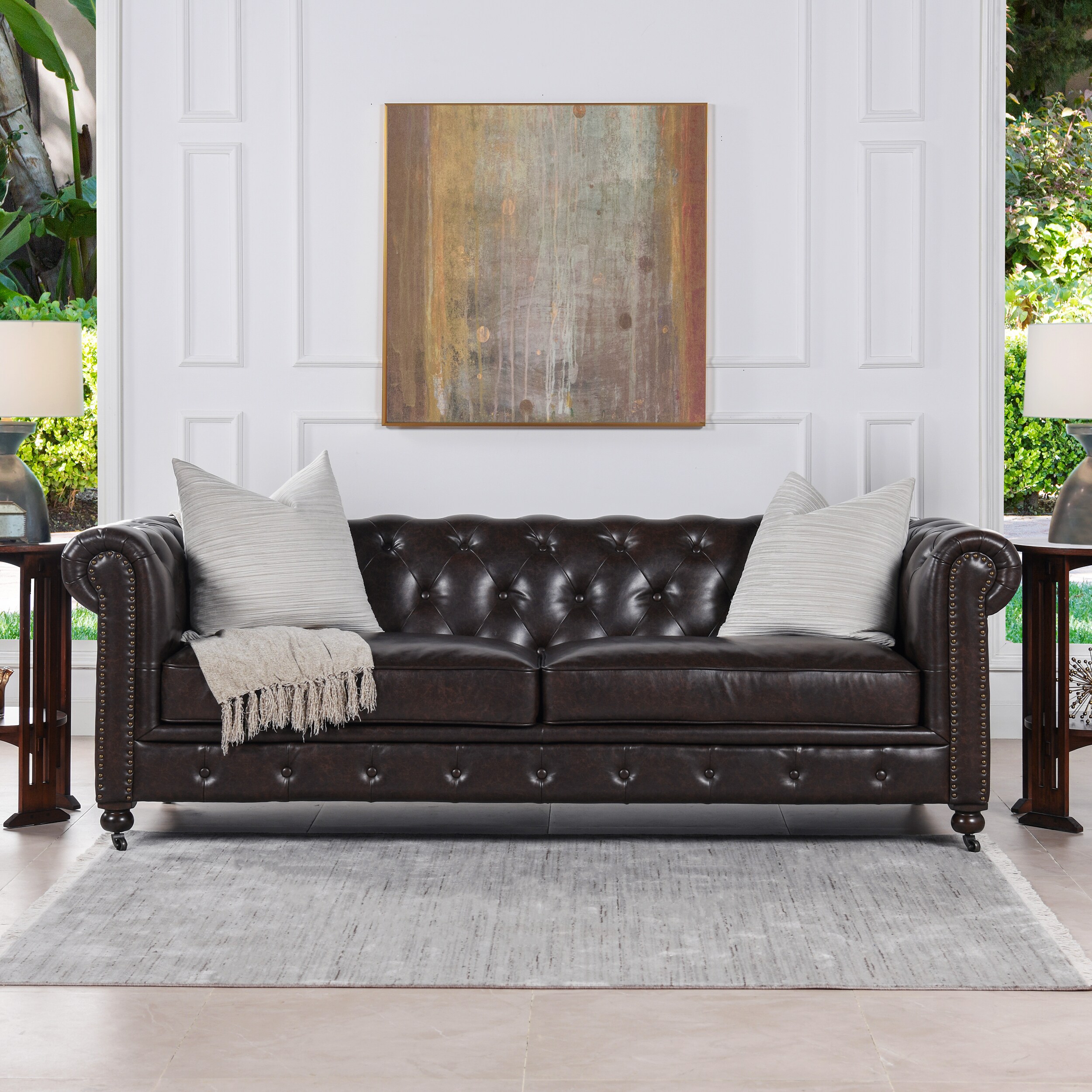 Jennifer Taylor Home Winston 91-in Victorian Vintage Brown Faux Leather ...
