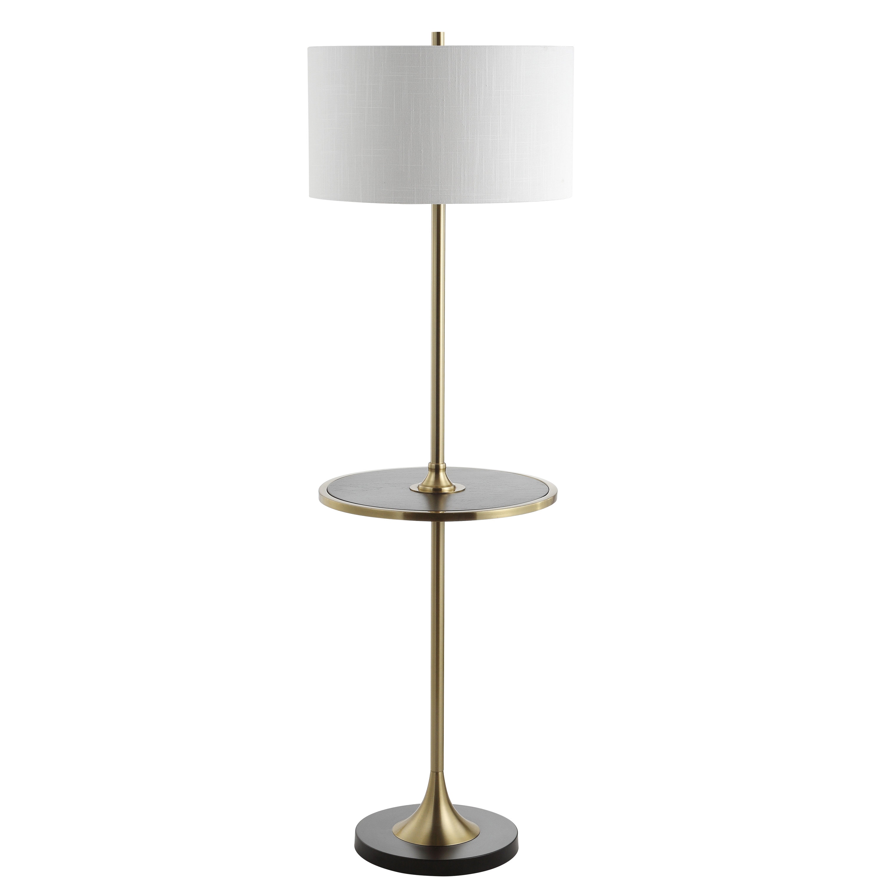 Transitional Black and Brass LED Floor Lamp with Integrated Wood Table