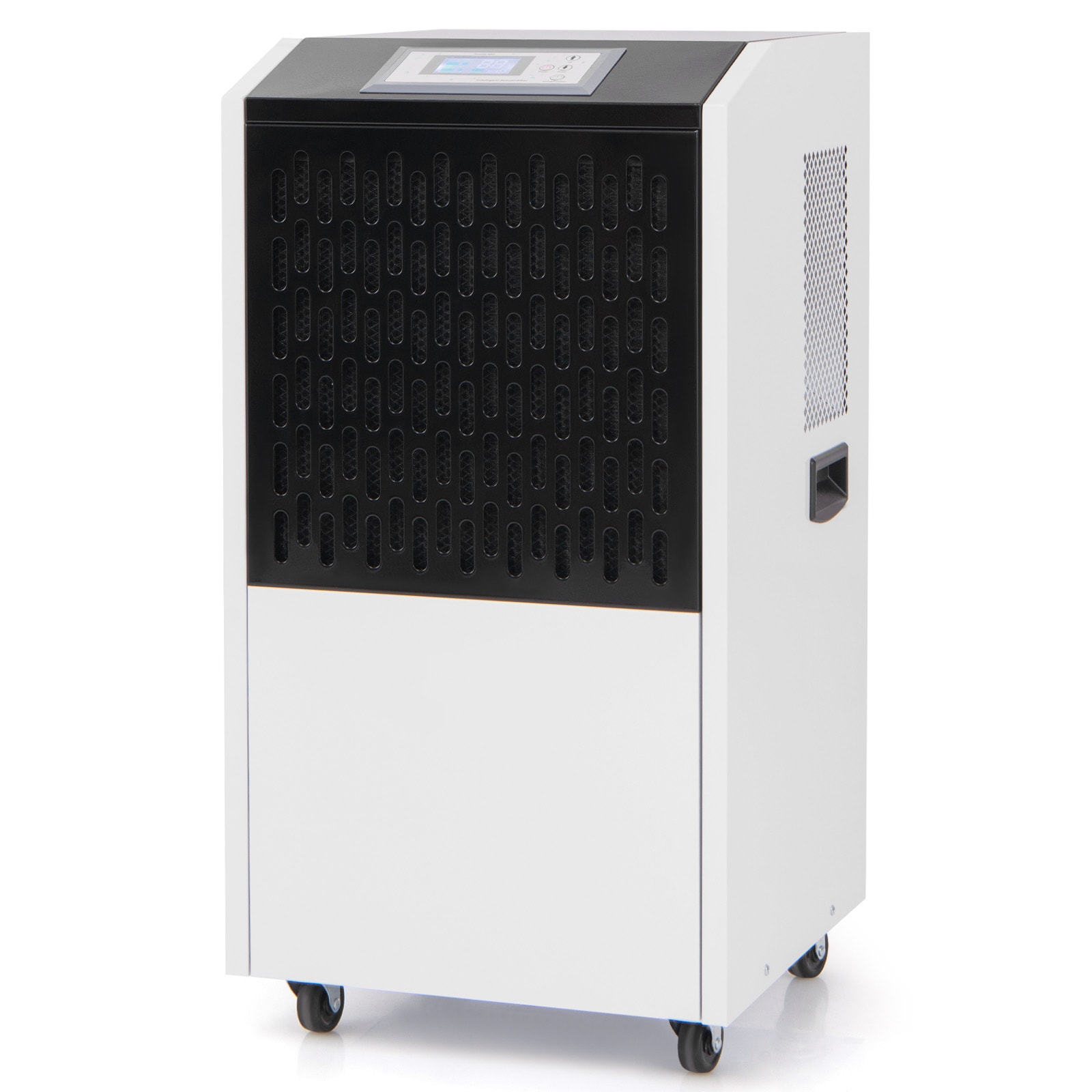 Slickblue Rolling Industrial Dehumidifier System (3.3 Gall) Reservoir 250 Pint Single Speed Dehumidifier with Built In Pump (For Rooms 8500 Square Feet) White and Black with Digital Display and Wheels for Warehouse or Factory