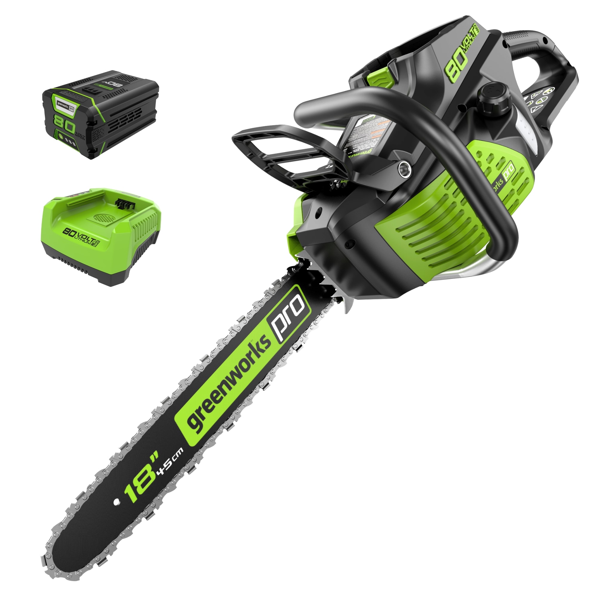Greenworks GCS80420 80-volt 18-in Battery 2 Ah Chainsaw Battery Included Charger Included