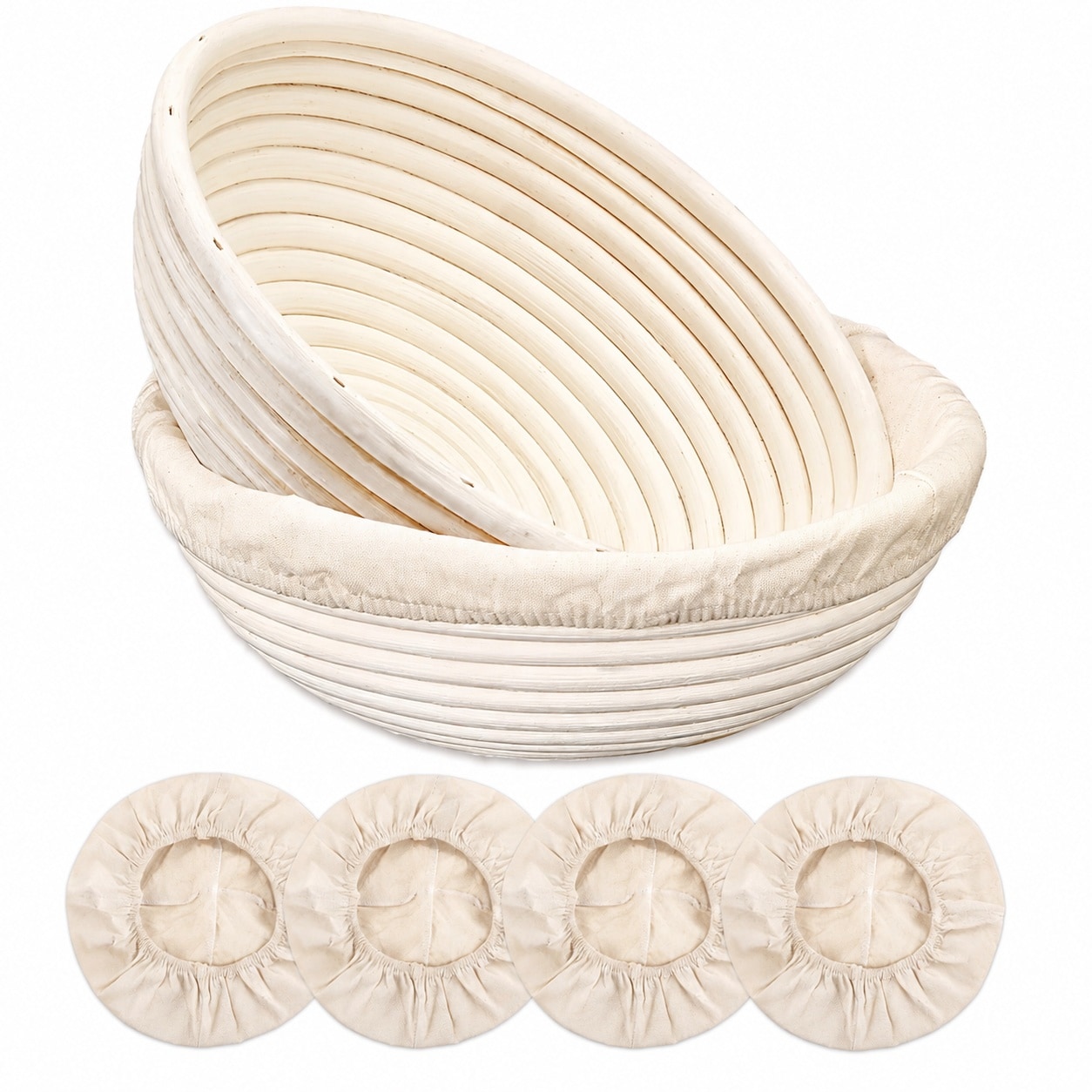 Aoibox  9 in Round Natural Rattan Banneton Bread Proofing Basket Set of 2 with 4 Pre Shaped Linen Liners