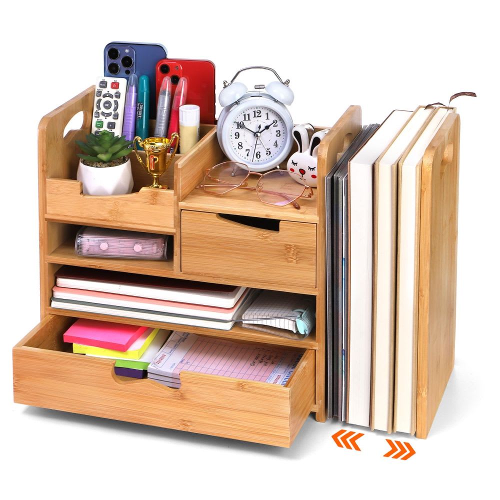 Etokfoks Bamboo Desk Organizer Adjustable 4 Tier Desktop File Holder with 2 Drawers and 3 Compartments Expands 13.3 to 25 in 1 Piece #LET0316D11