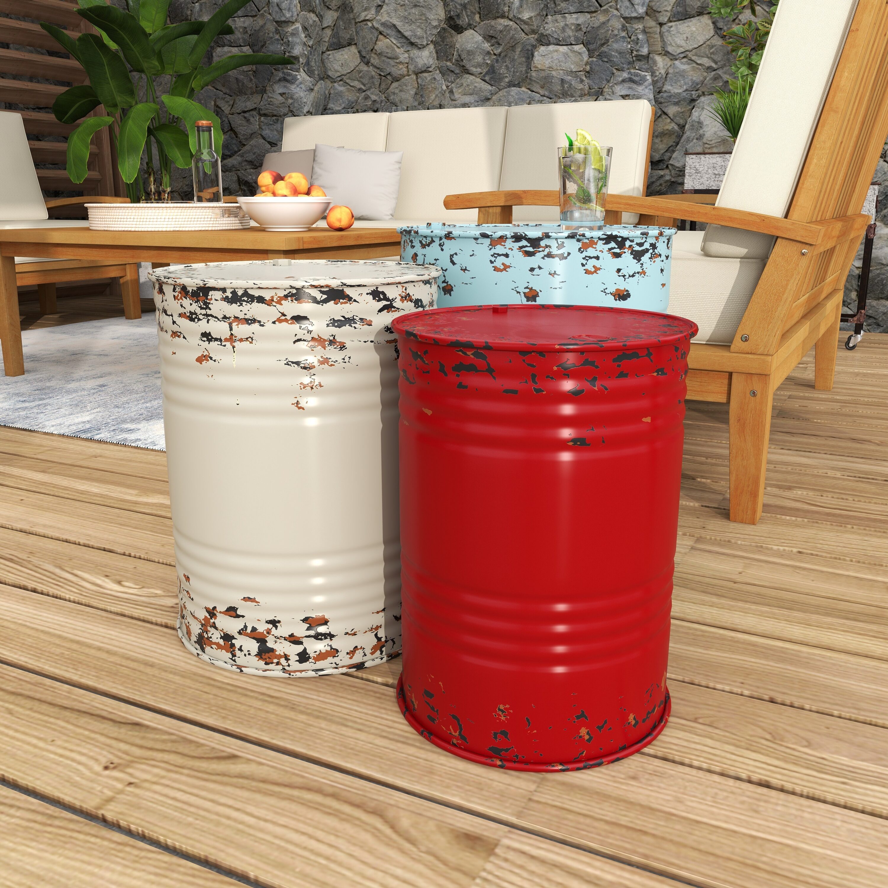 Multi Colored Metal Drum Nesting Accent Tables, Set of 3