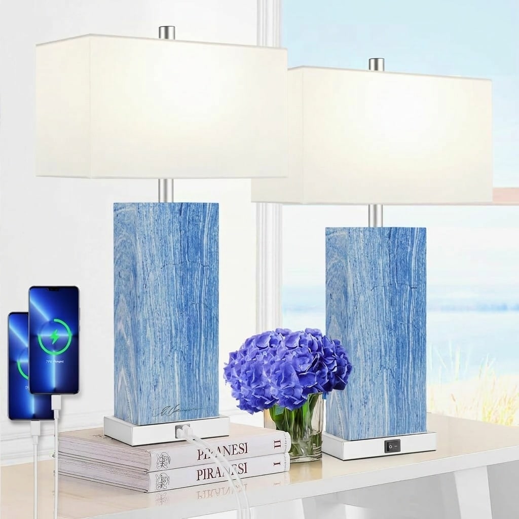 Vrbgify  24 Inch Blue Navy Coastal Table Lamps Set of 2 Touch Control 3 Way Dimmable with USB and Type C Ports White Shade for Bedroom Living Room