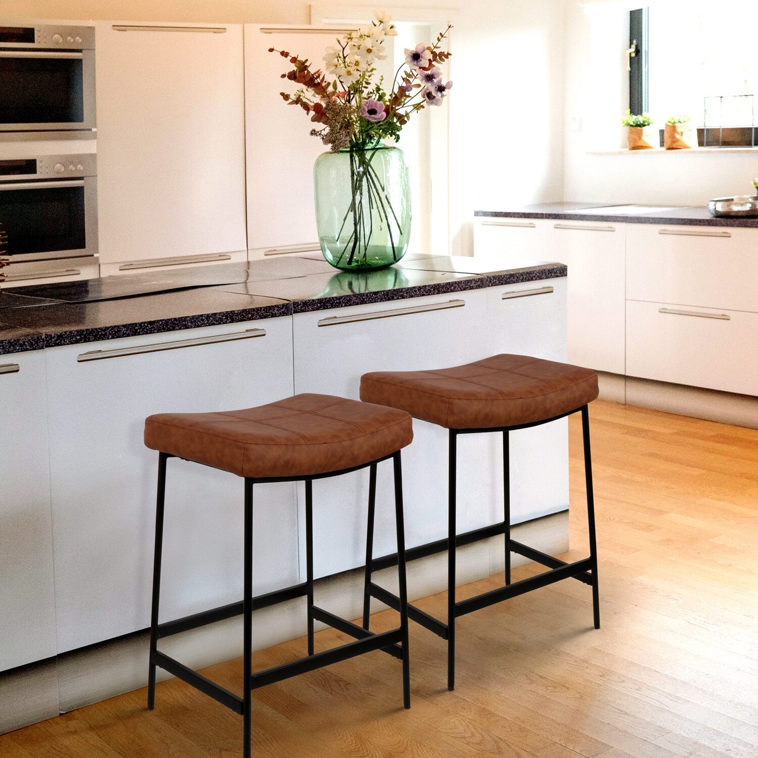 Delarpo CH005 Modern 2 -Set Brown 27.2-in H Bar height (27-in to 35-in) Saddle seat Upholstered Metal Bar Stool