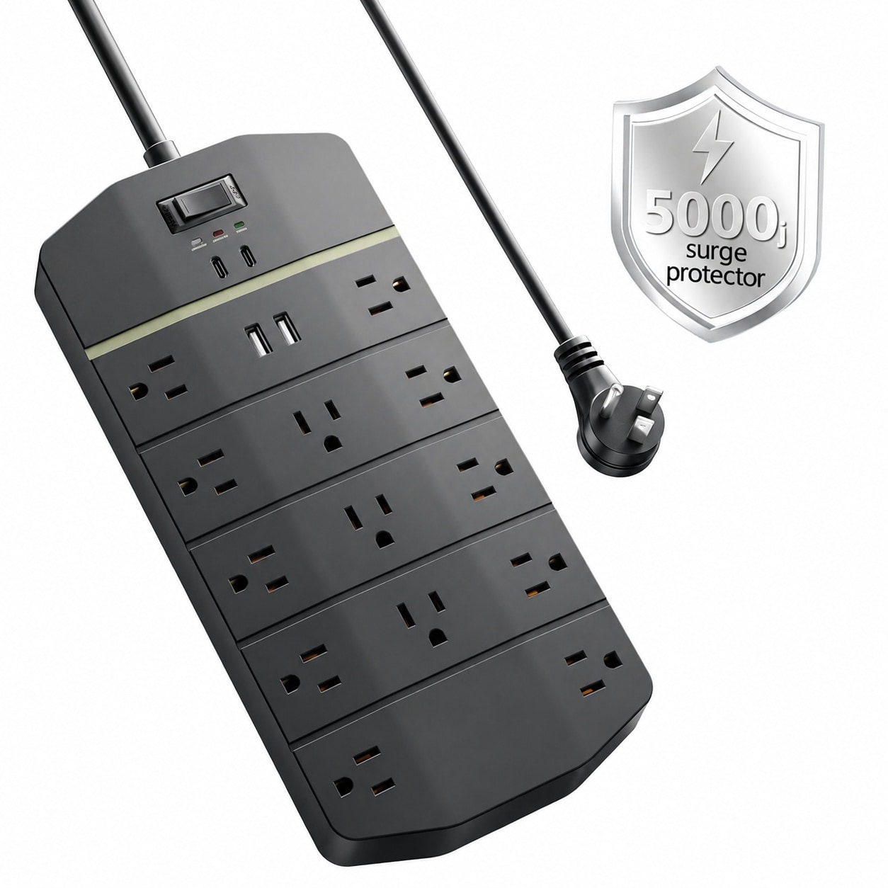 AOIZGMY  Power Strip with 13 AC Outlets 2 USBA and 2 USBC PD 20W Fast Charging Heavy Duty 14AWG 3C Extension Cord for Home Office Workbench Black