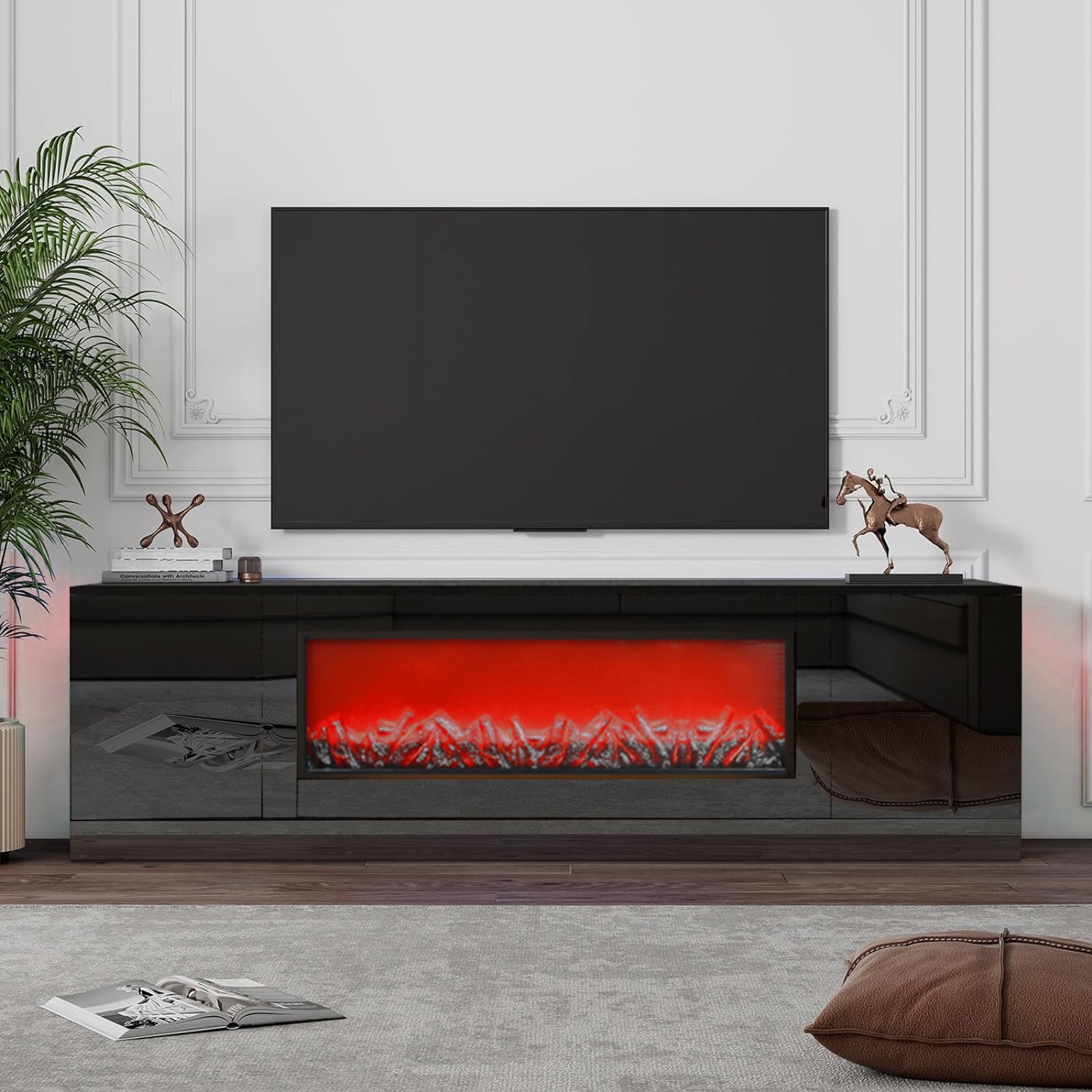 Maocao Hoom 70.87-in W Black TV Stand with No Heat Electric Fireplace ...