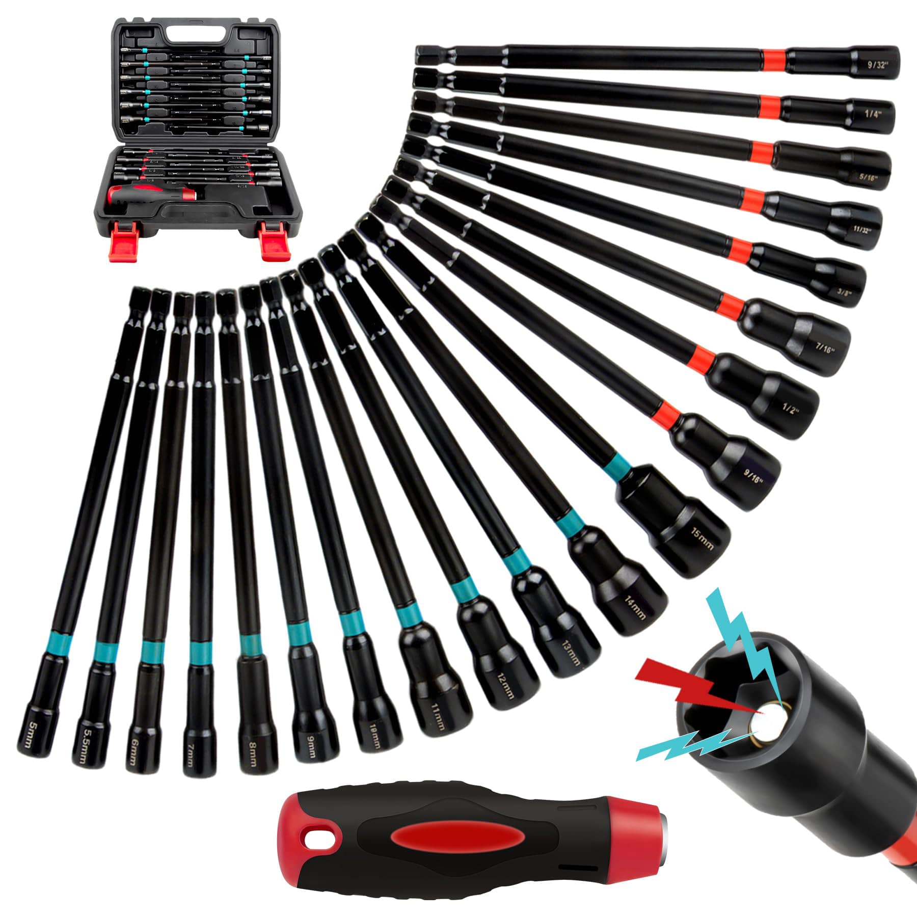 Etokfoks 21 Piece Magnetic Nut Driver Set SAE 14 to 916 and Metric 5mm to 15mm CrV Steel 6 Inch Extra Long Shank for Manual or Electric Tools #LET0303N13