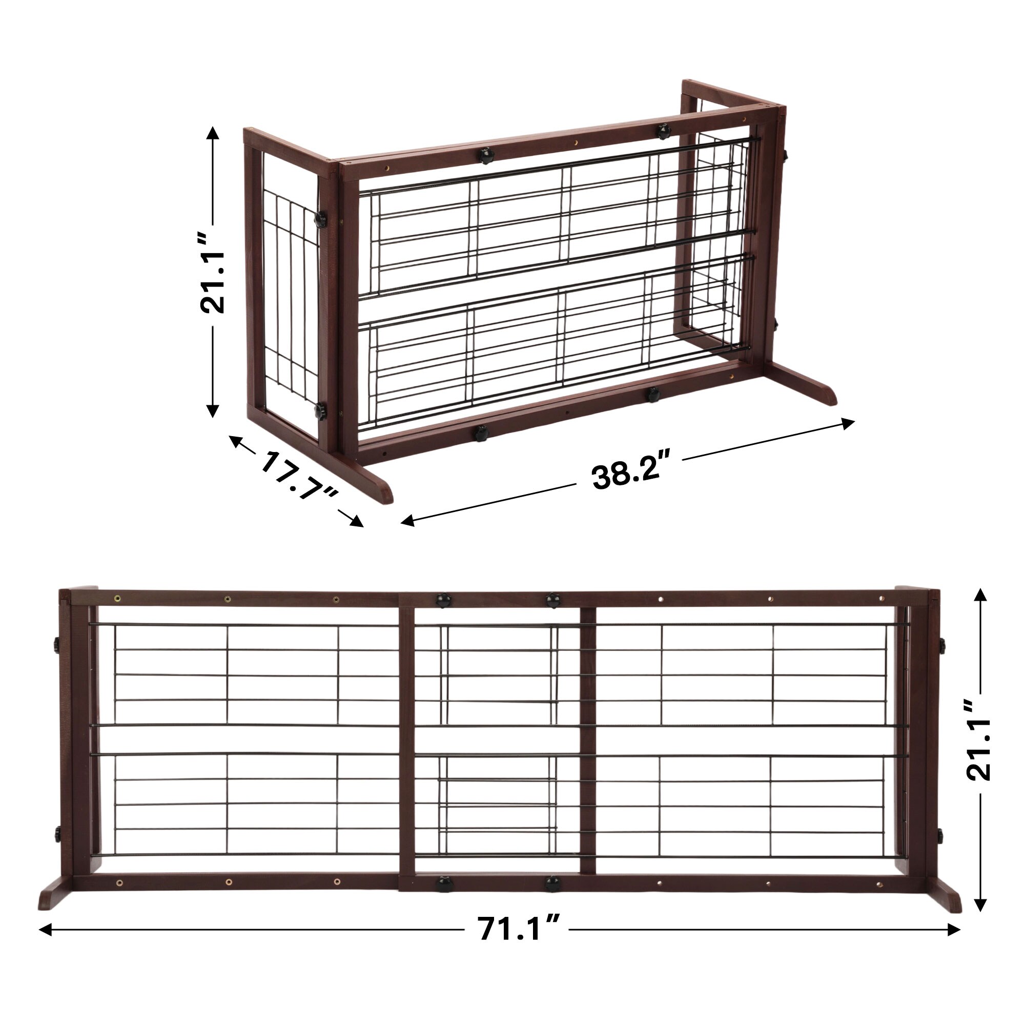 Expandable Brown Solid Wood Freestanding Pet Gate with Wire Mesh