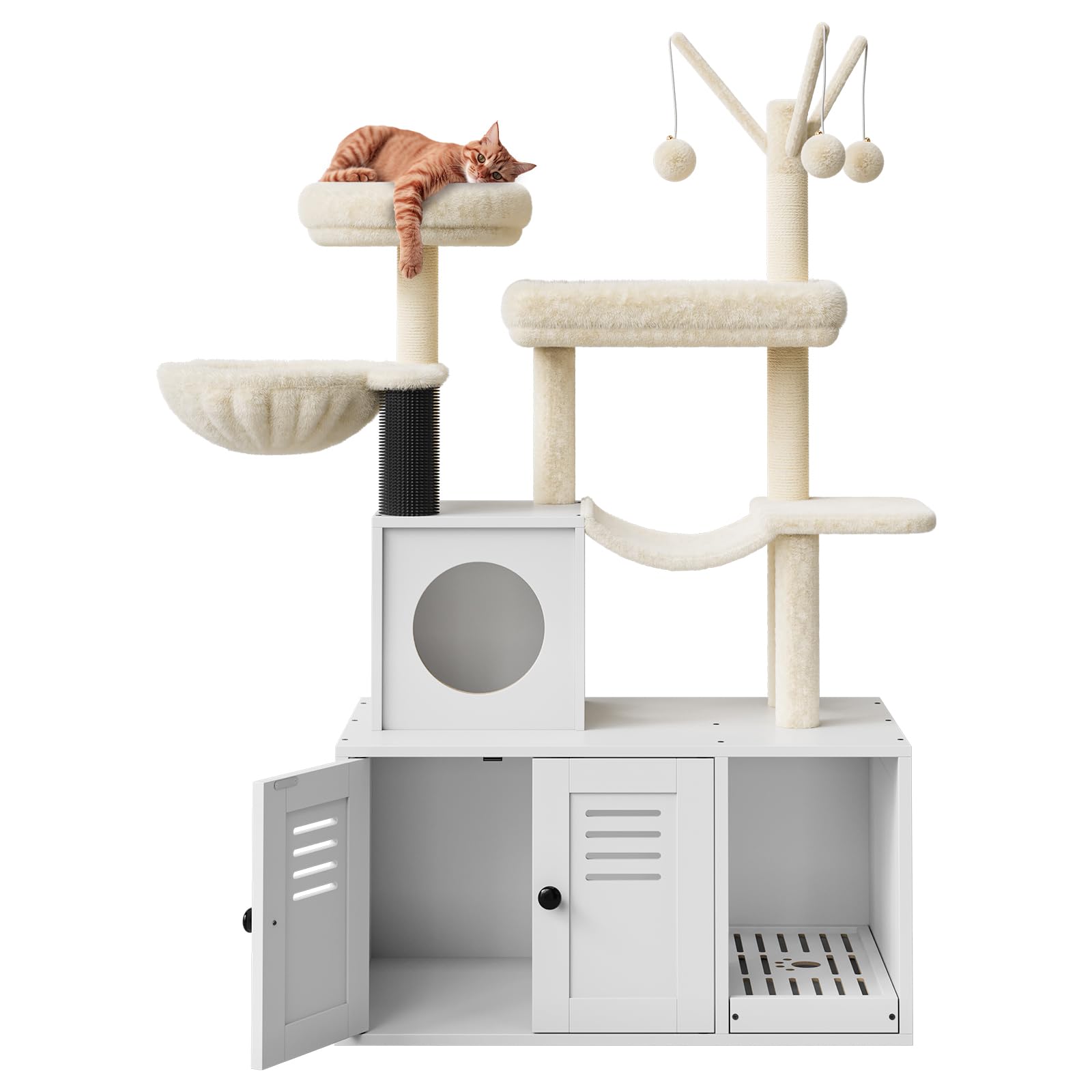 Garvee Multi Level Cat Tree Tower with Hidden Litter Box and Soft Plush Condo Wooden Cat Furniture with Sisal Scratching Posts Removable Toys and Modern Washroom Enclosure White and Gray