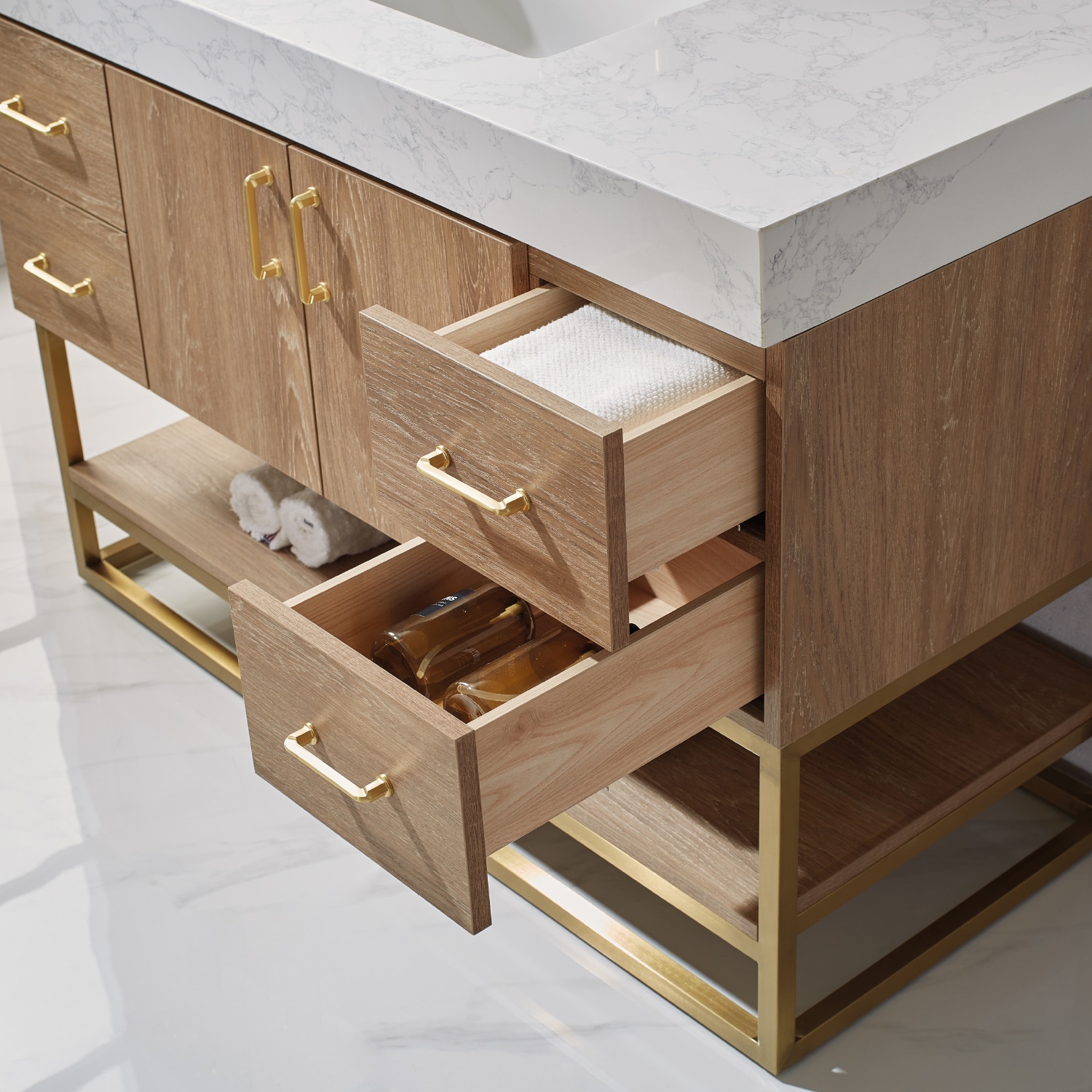 48 Inch Oak Single Vanity with White Stone Top and Brushed Gold Trim