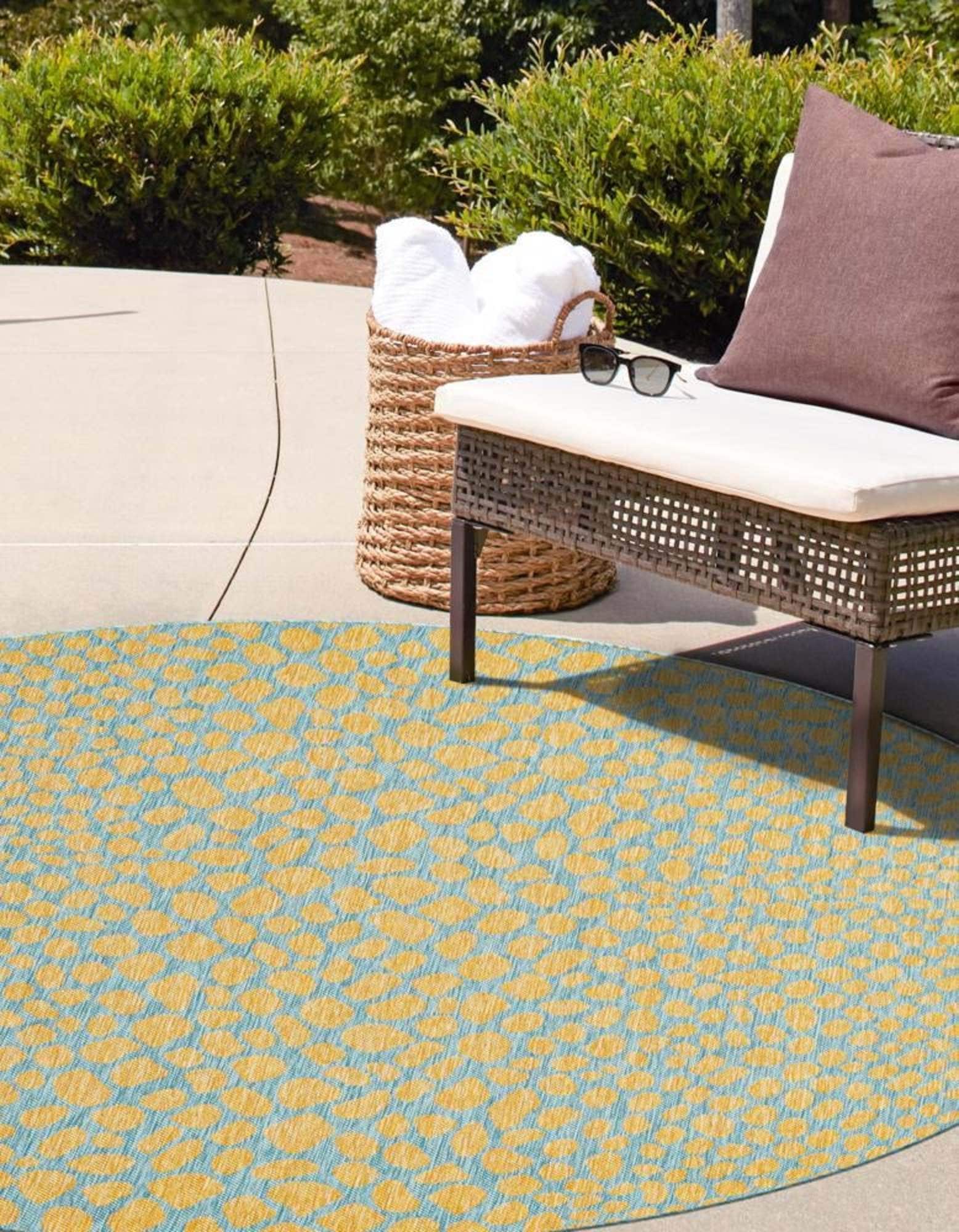 Round Blue and Yellow Stain-Resistant Outdoor Rug